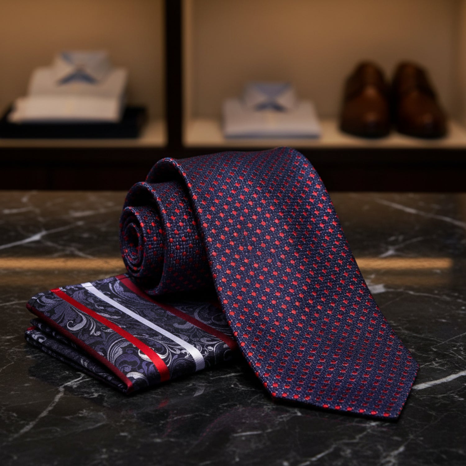 A men's necktie and matching pocket square set. The necktie features a navy blue base with a repeating red and gold geometric pattern, while the matching pocket square displays a navy and gold paisley design with red stripes.