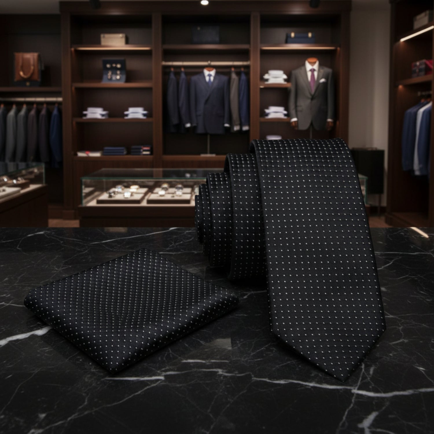 Black tie on a marble surface