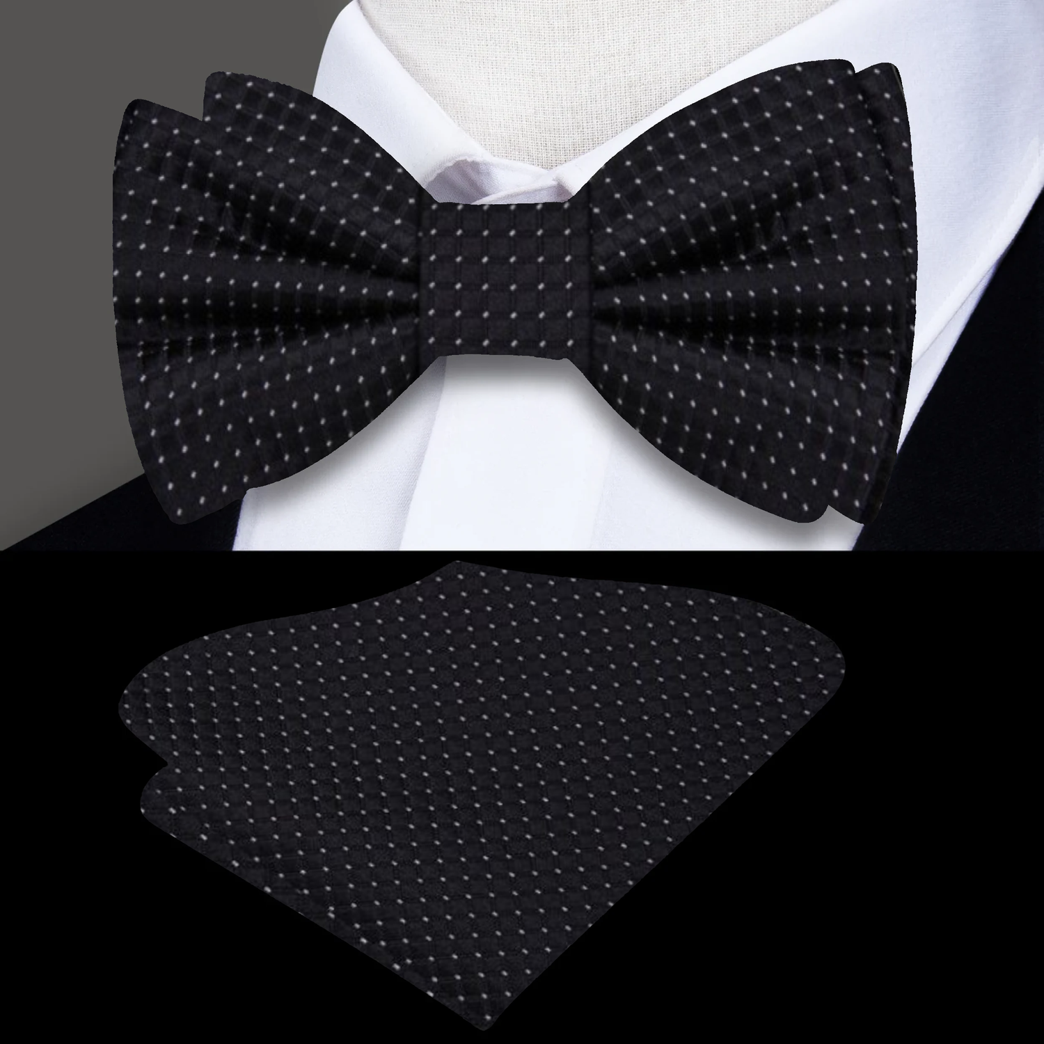 Main View: Black with White Geometric Texture Bow Tie and Pocket Square