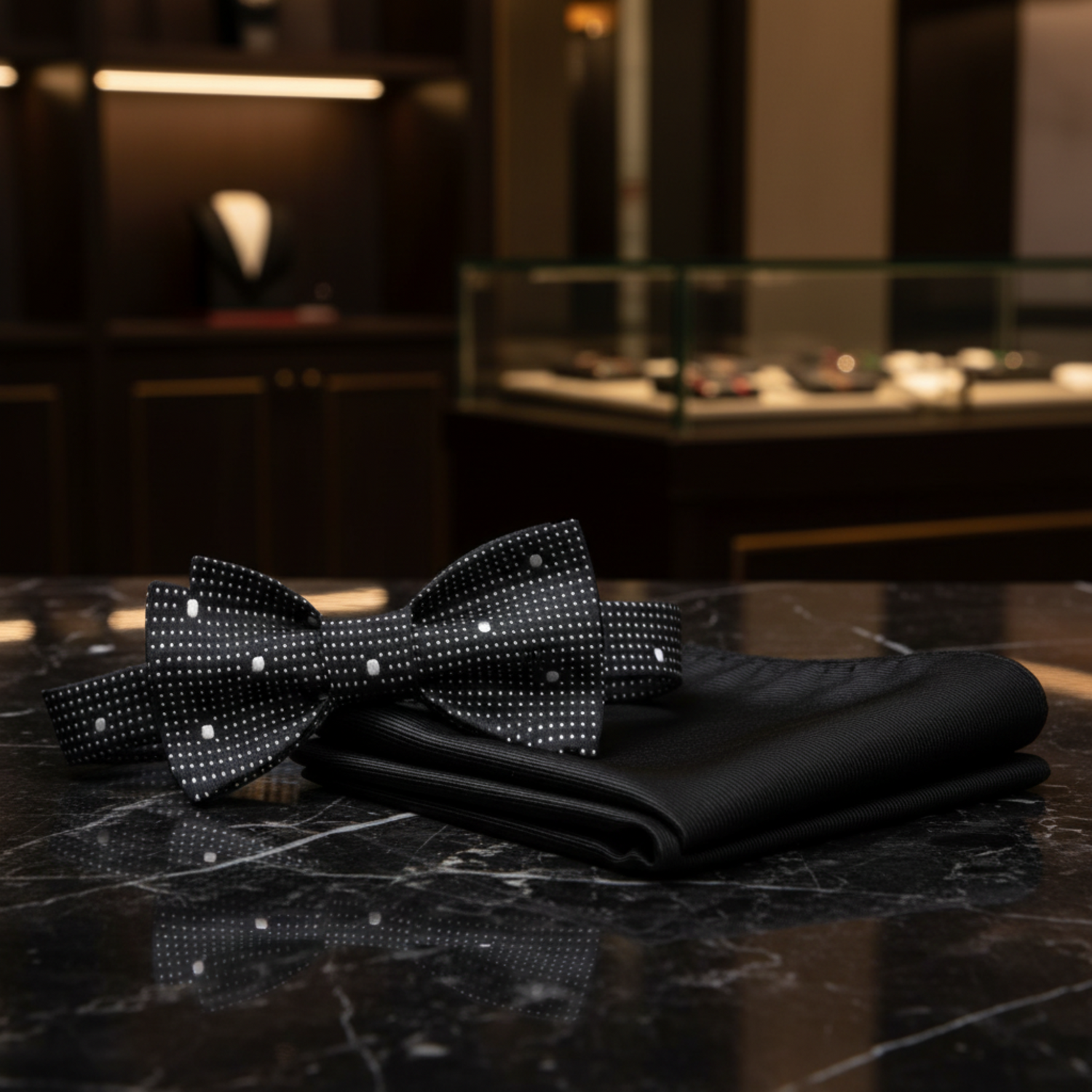 Black White Polka Bow Tie and Black Pocket Square||Black, White