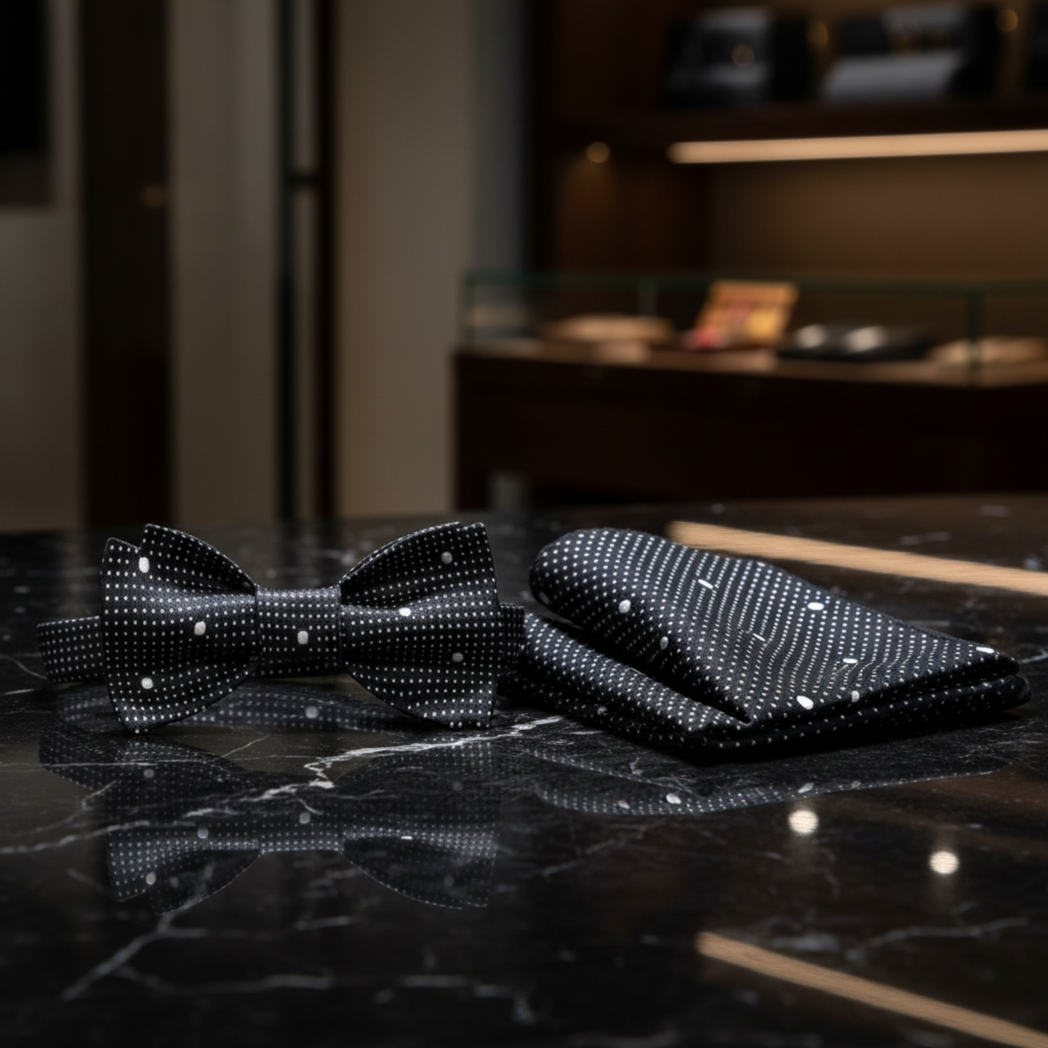Main View: Black White Polka Bow Tie and Pocket Square||Black, White