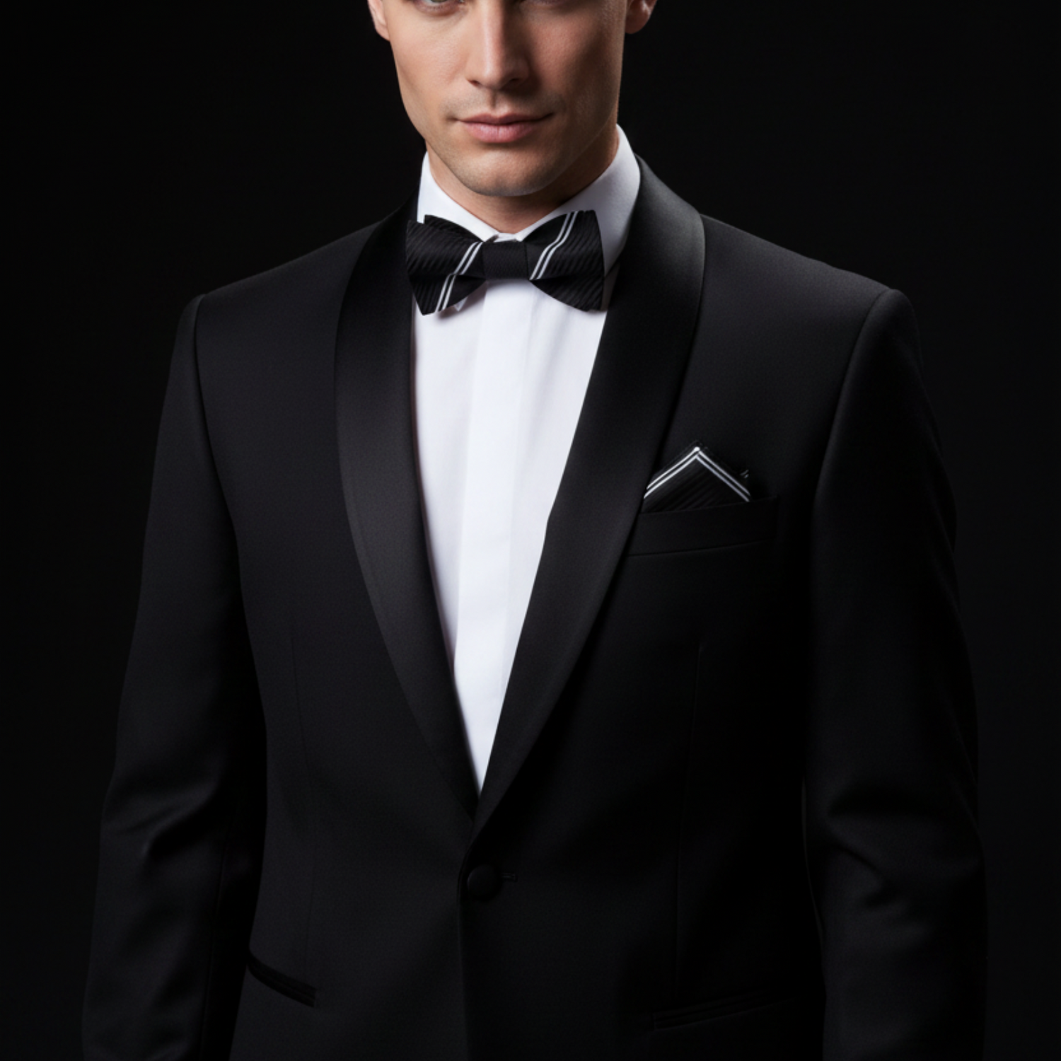 A Black, White Vertical Lined Pattern Self Tie, Matching Pocket Square