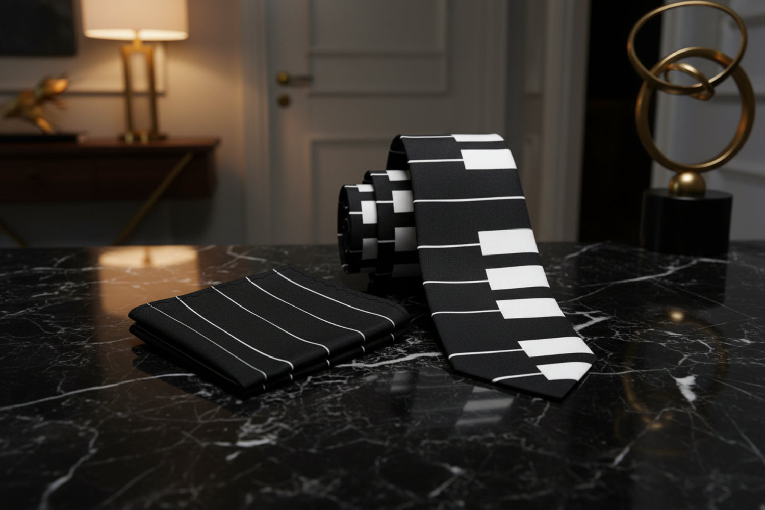 Alt View: Black, White Piano Keys Necktie & Pocket Square