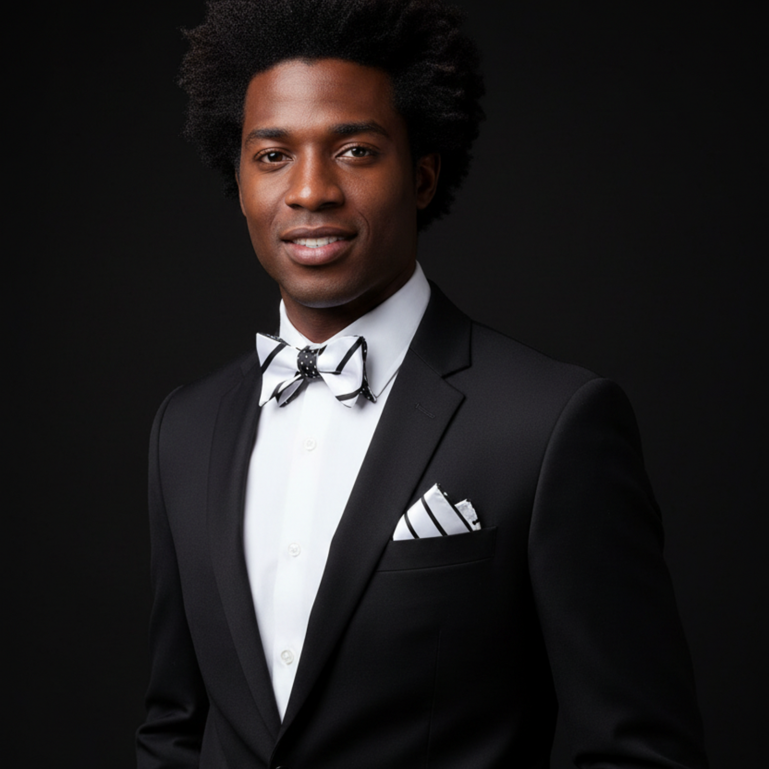 Man wearing a black suit with a white shirt and bow tie on a dark background