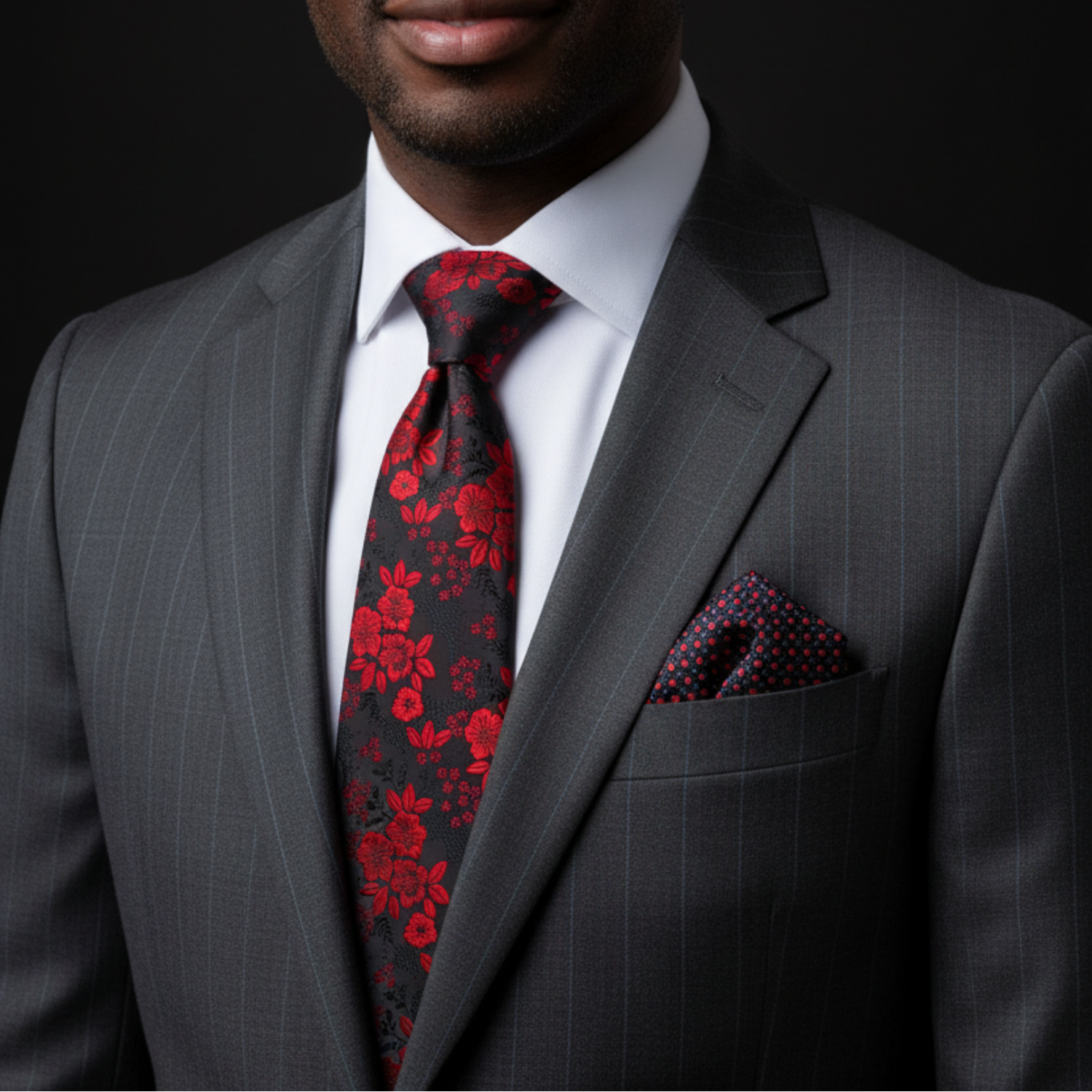 Man wearing a gray suit with a red floral tie and pocket square on a black background