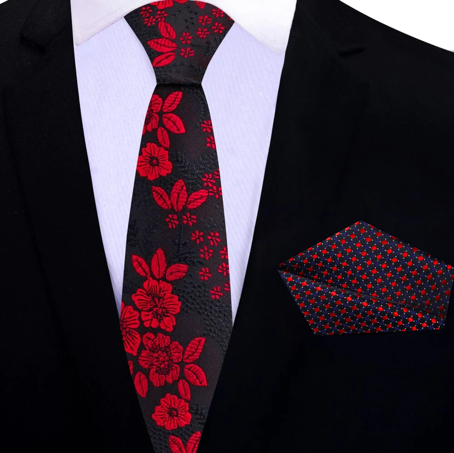 Black, Red Floral Thin Necktie and Accenting Square