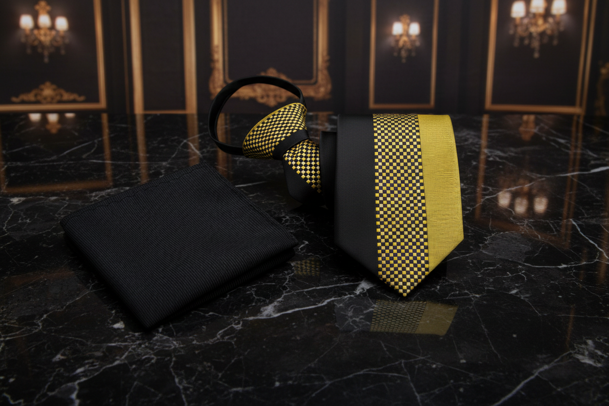 Zipper: Gold and Black Small Check Necktie and Black Square