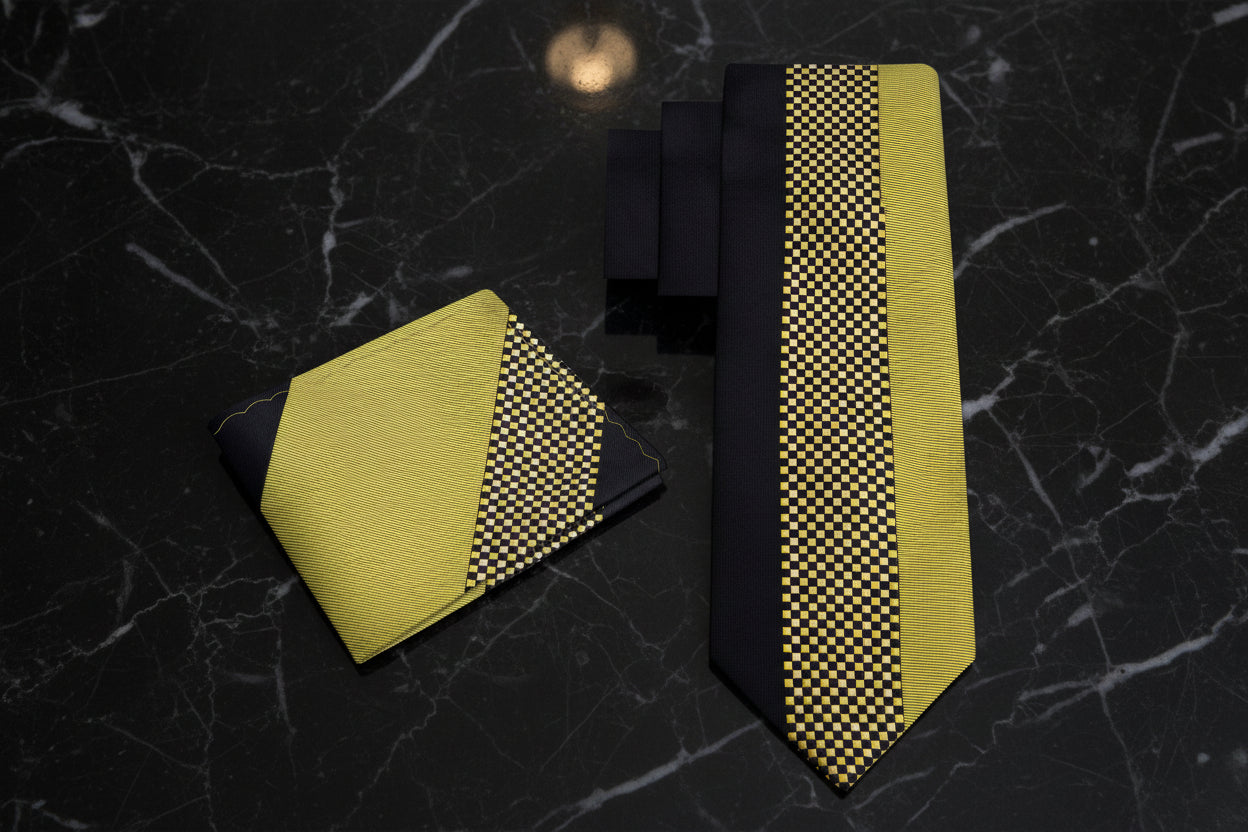 Alt View: Gold and Black Small Check Necktie and Matching Square