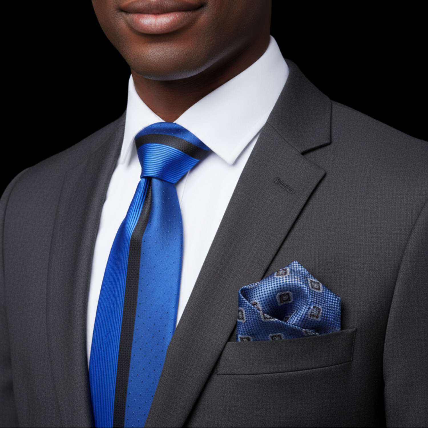 Blue Stripe Tie and Accenting Geometric Square on Man