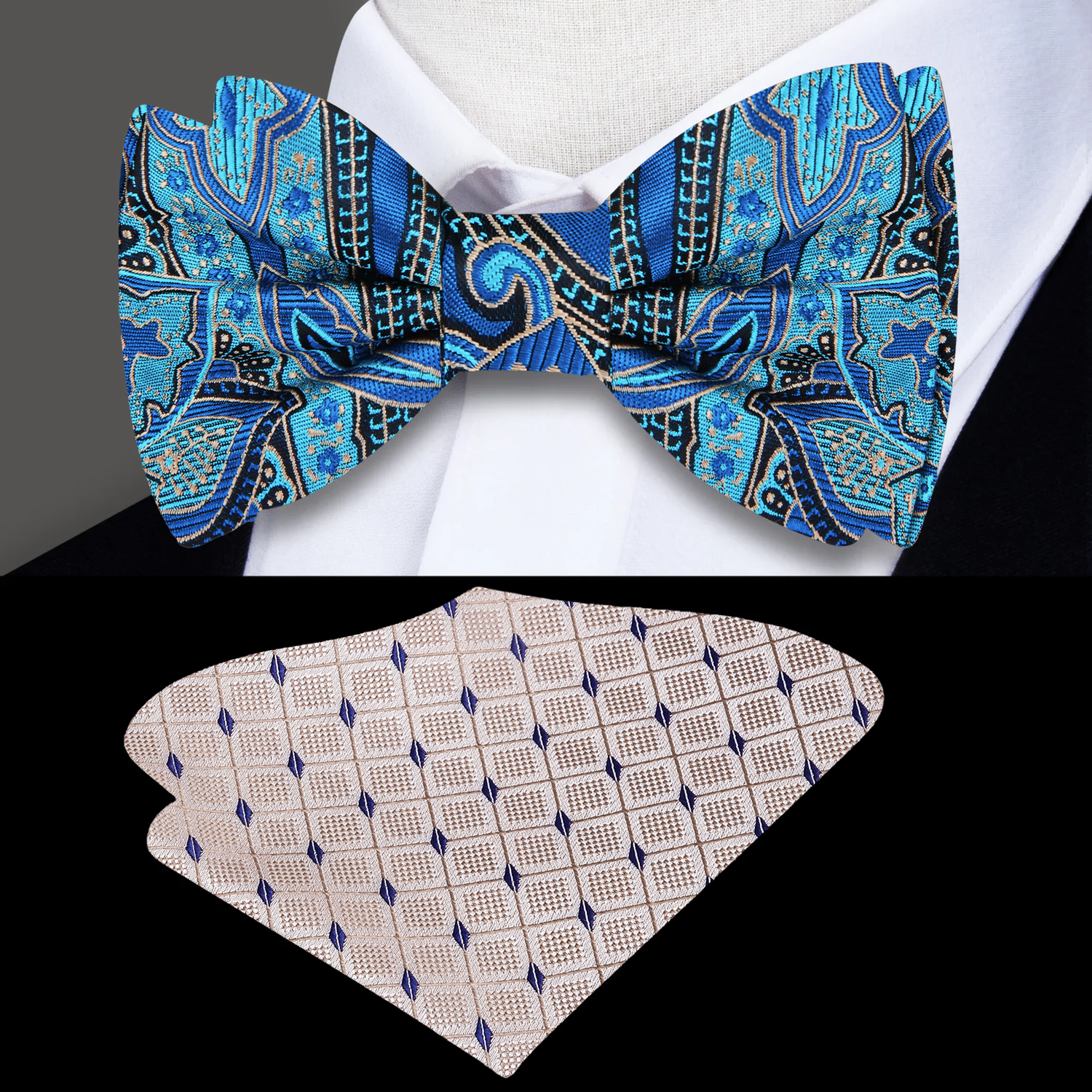 A Teal Blue, Black Abstract Floral Pattern Bow Tie, Beige, Blue Pocket Square