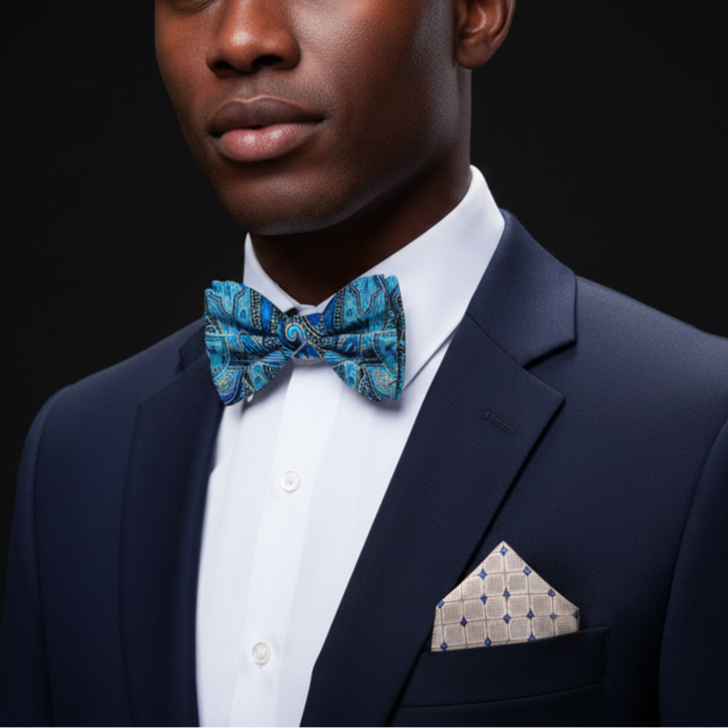 Man wearing a navy suit with a blue patterned bow tie and matching pocket square on a black background