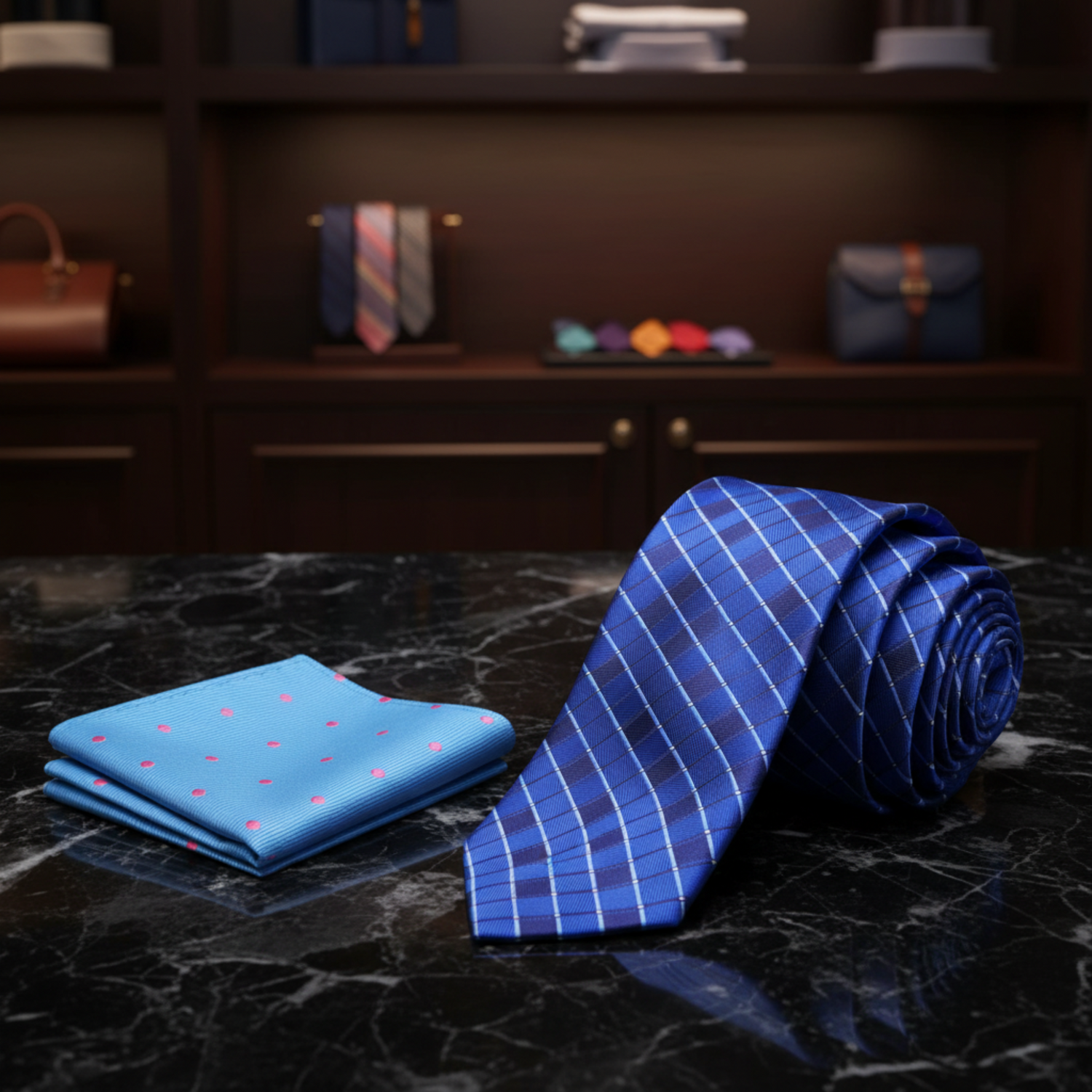 Alt Shades of Blue Necktie and Accenting Light Blue Dot Square