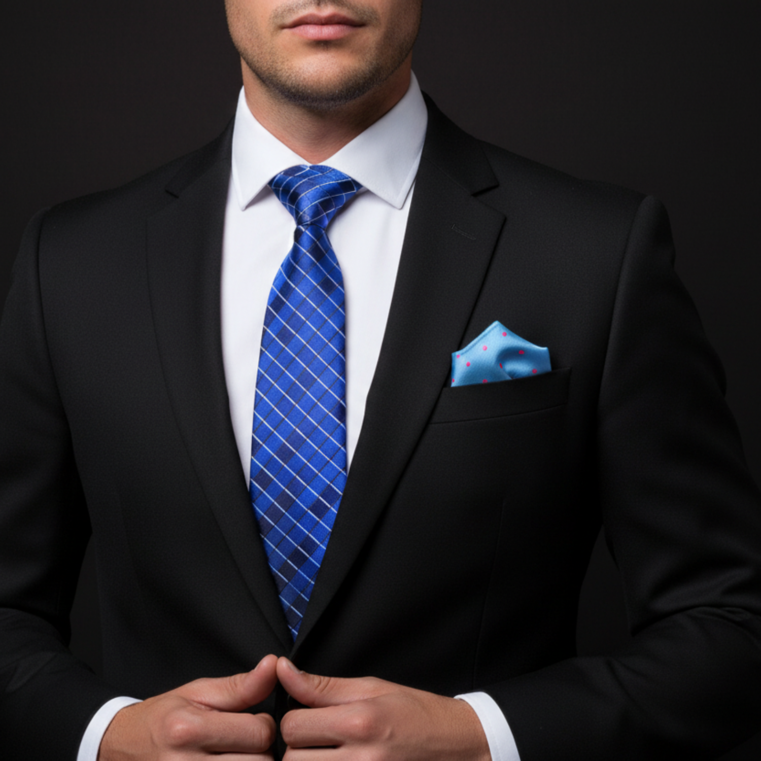Man wearing a black suit with a blue tie and pocket square on a dark background
