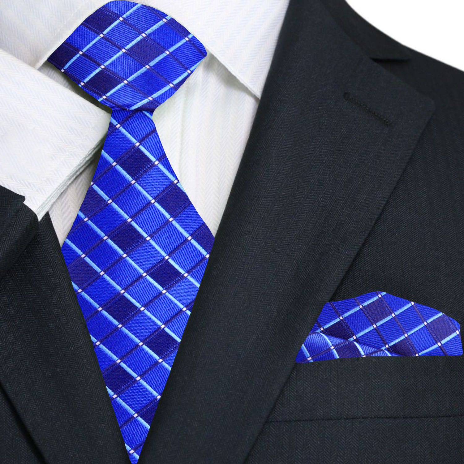 Blue checkered tie and pocket square with a black suit jacket.