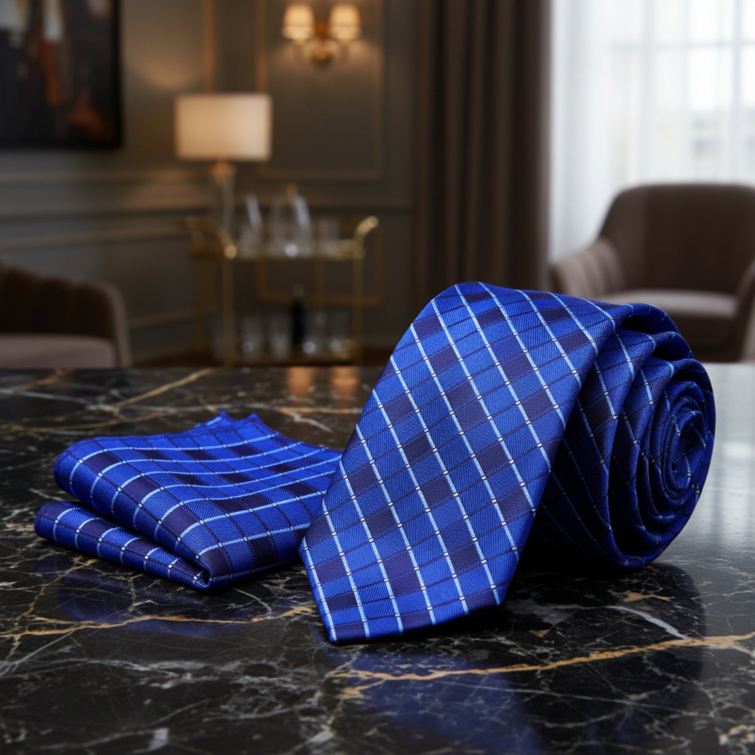 Alt View: Shades of Blue Necktie with Pocket Square