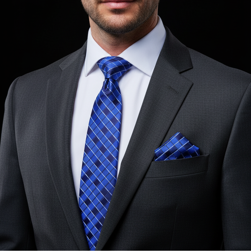 Man wearing a gray suit with a blue checkered tie and pocket square on a black background