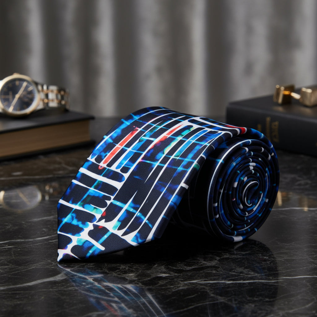 White, Blue, Red Abstract Necktie Rolled Up
