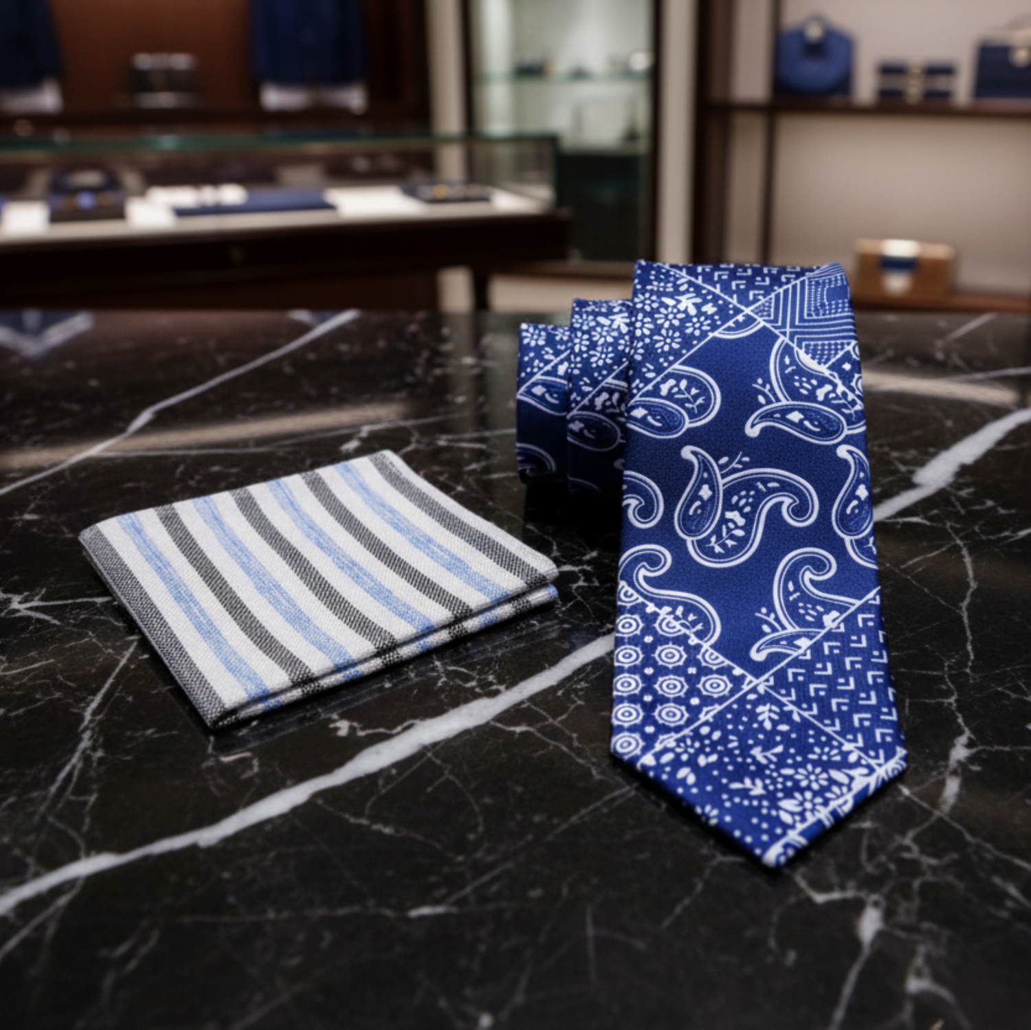 Alt Blue, White Patchwork Bandana Paisley Tie and Accenting Pocket Square