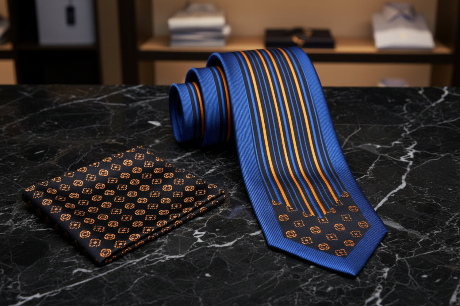 Alt Black, Blue, Deep Gold Lines and Flowers Thin Tie and Pocket Square