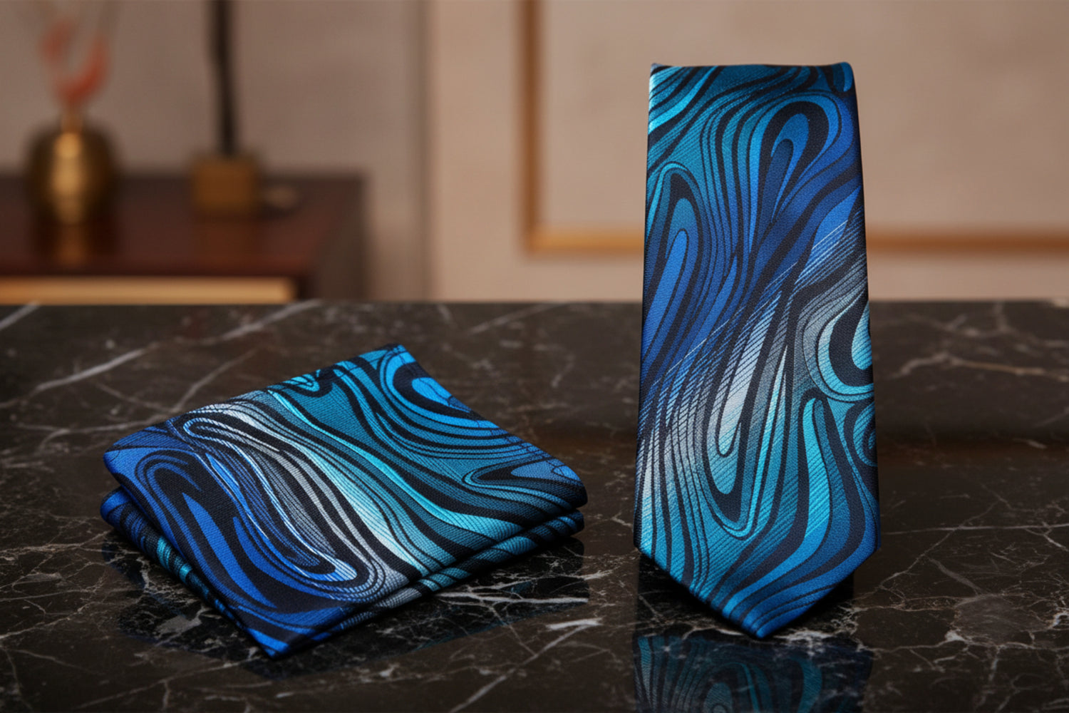 Alt View: Shades of Blue and Grey Abstract Fire Necktie and Charcoal with Matching Square