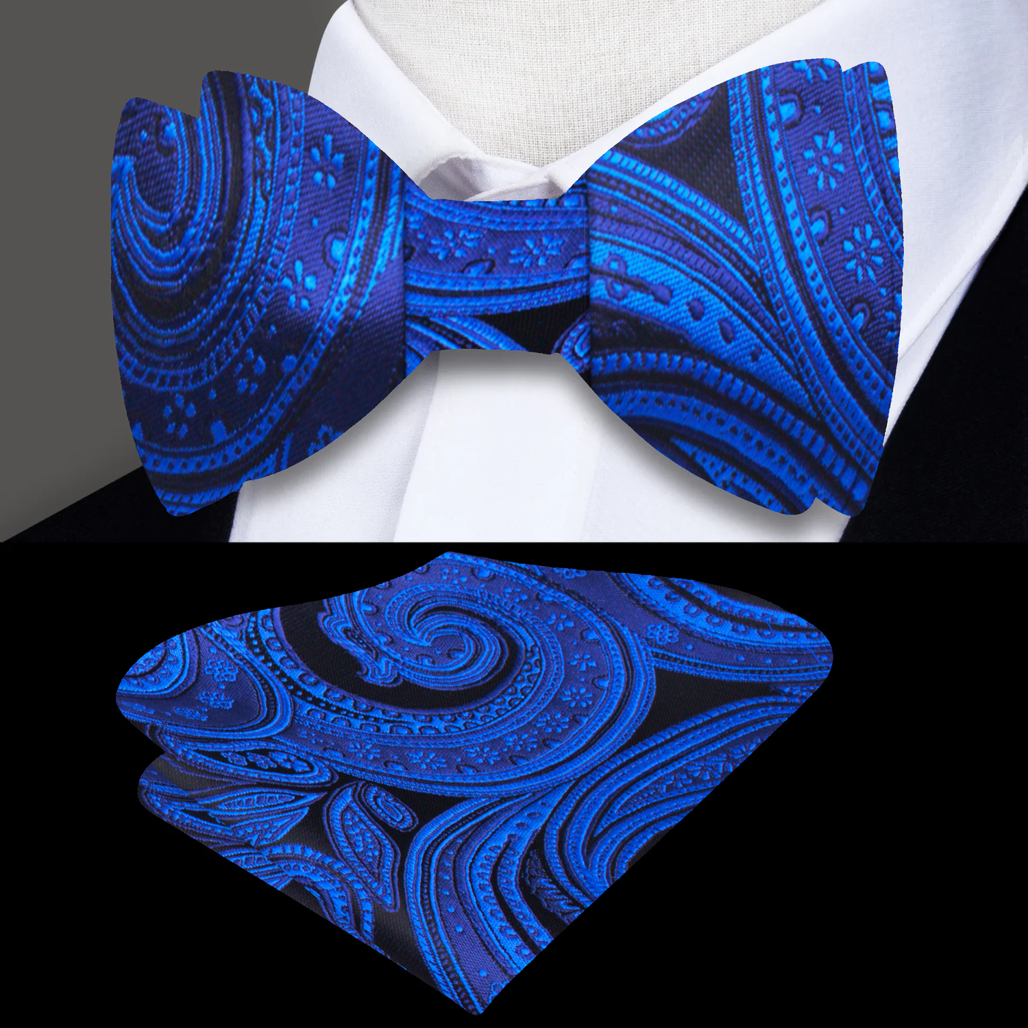 Main View: Black, Blue Paisley Bow tie and Pocket Square||Dark Blue, Black