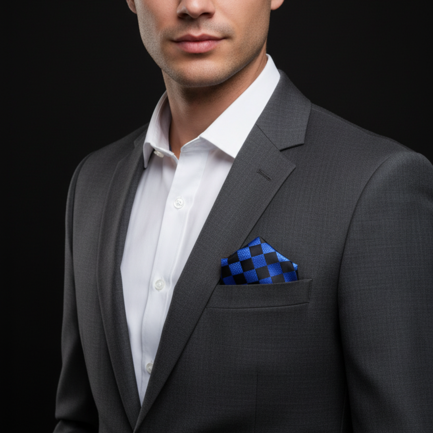 Man wearing a gray suit with a white shirt and blue checkered pocket square on a black background