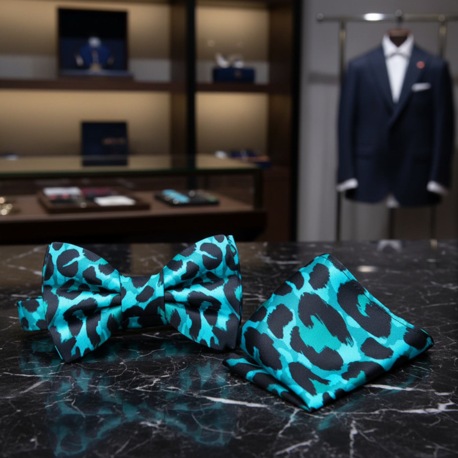 Light Blue, Black Cheetah Bow tie and Pocket Square||Light Blue