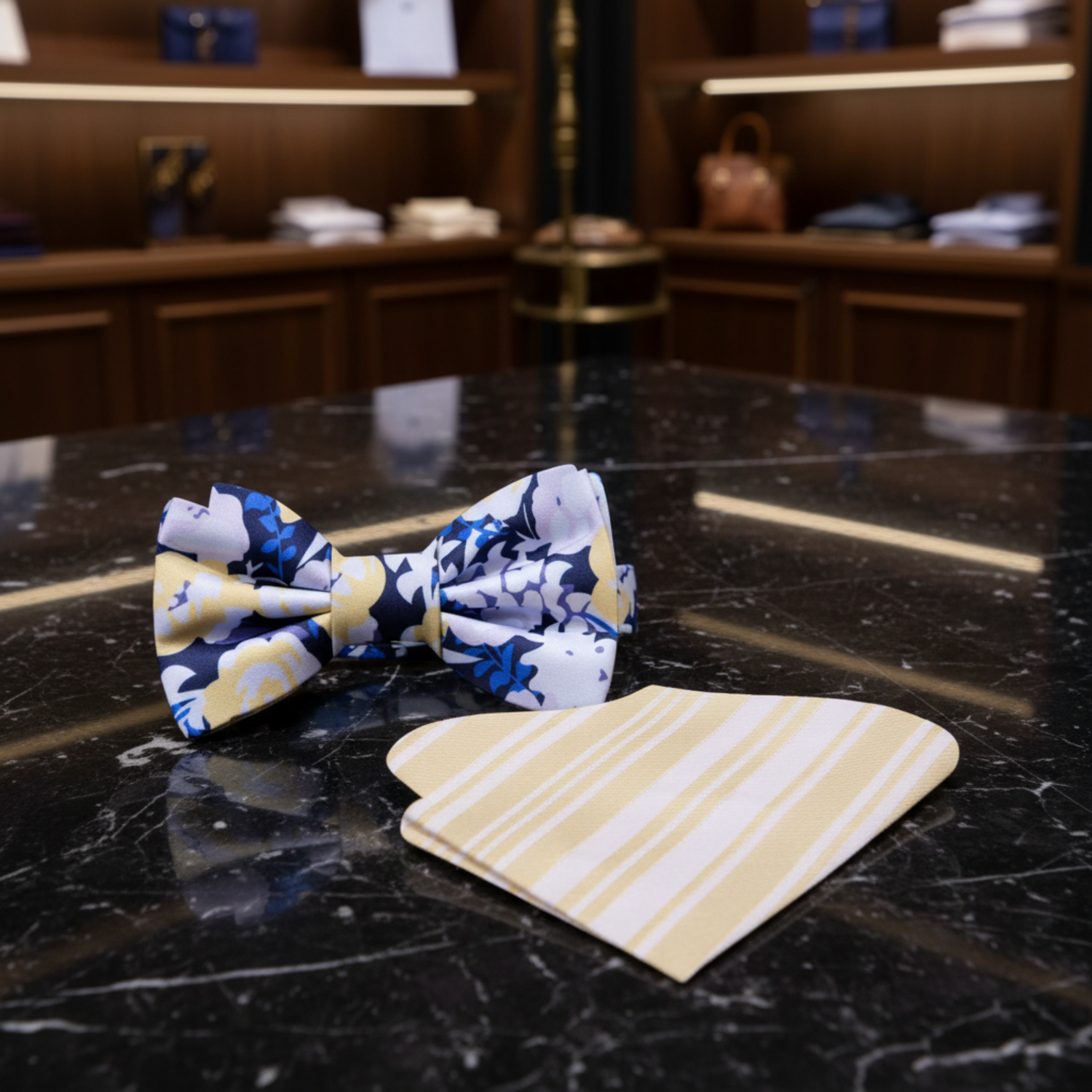 Blue, Black Floral Bow Tie and Accenting Square