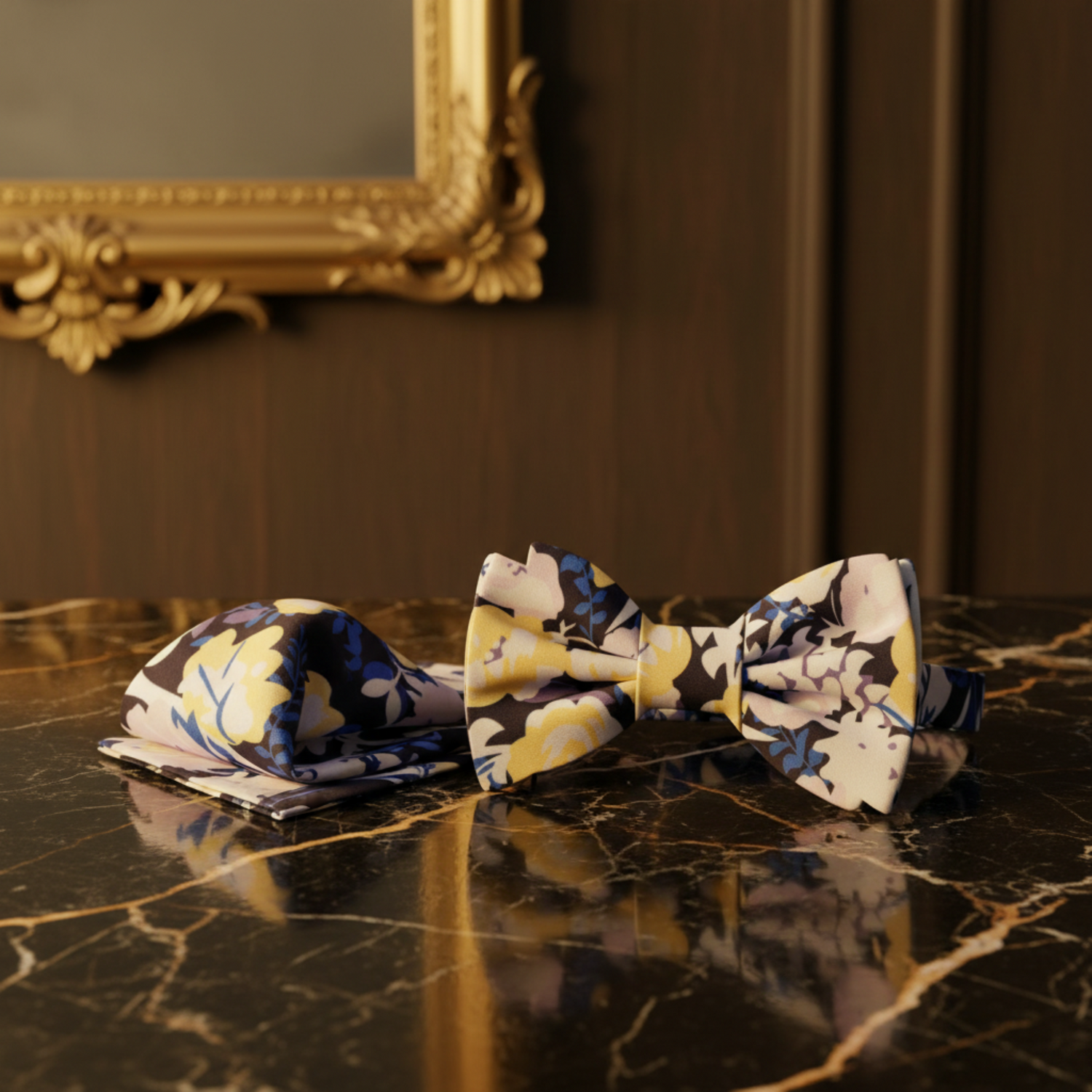 Blue, Black Floral Bow Tie and Square