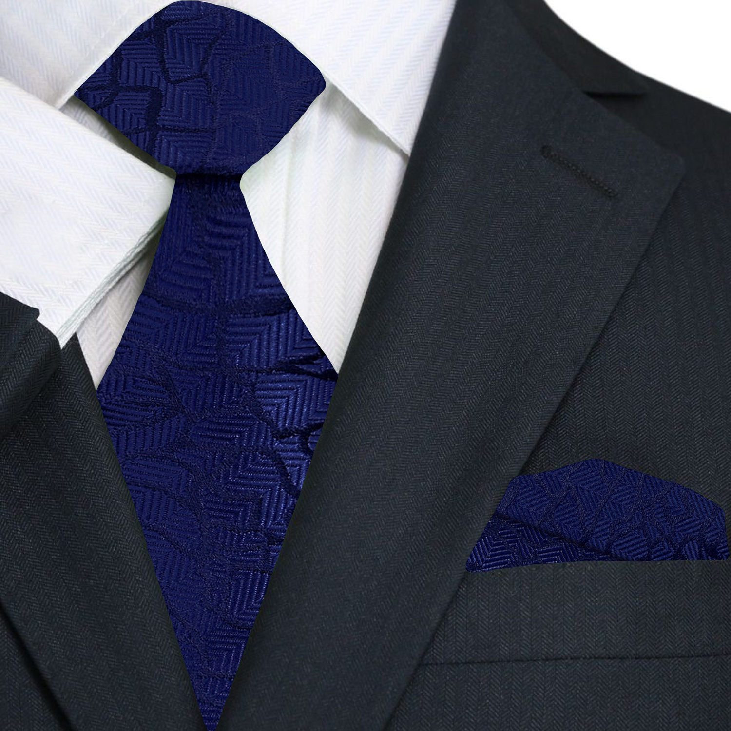 Primary View: A Dark Blue, Black Abstract Cement Pattern Necktie, Pocket Square