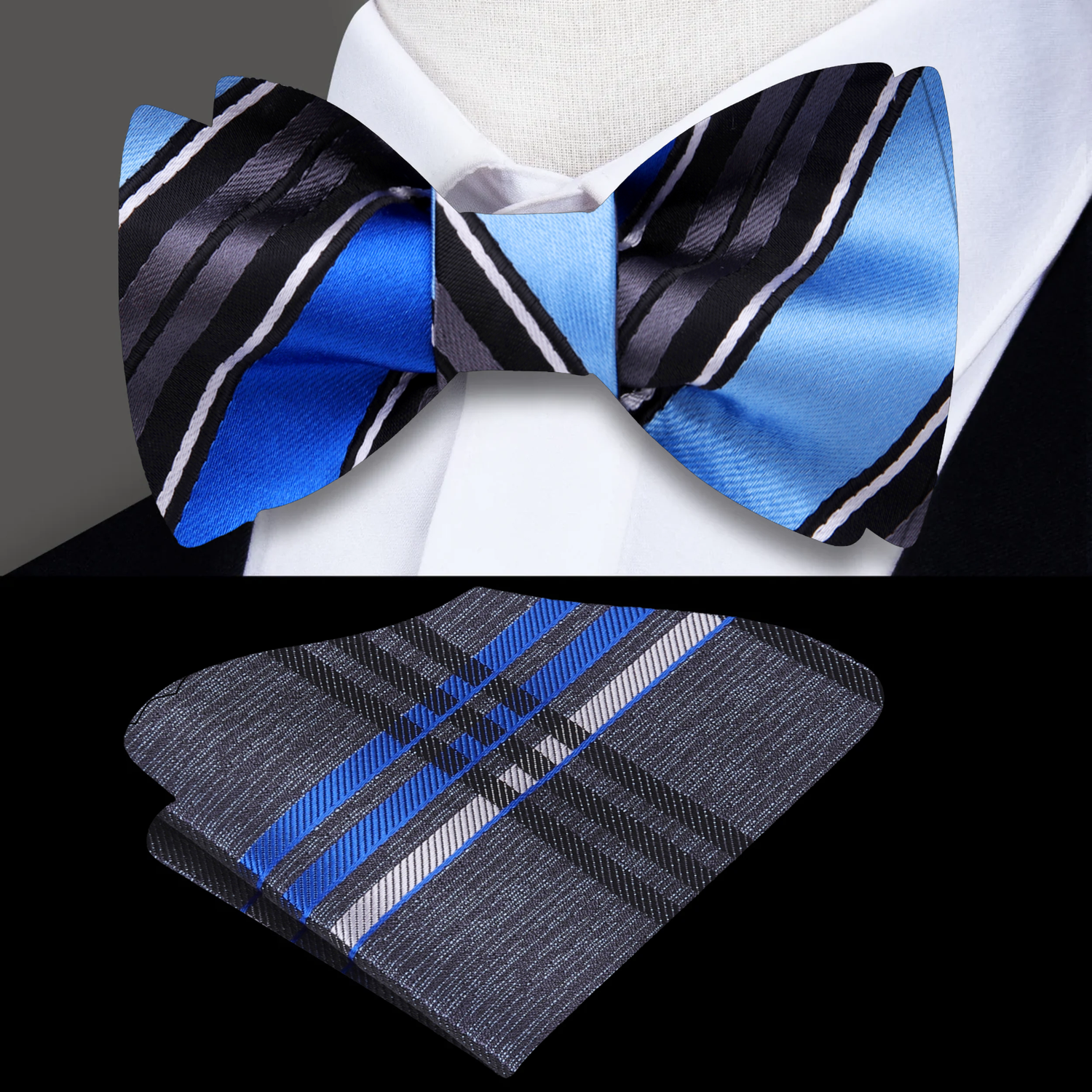 A Black, Blue Stripe Pattern Self Tie Bow Tie, Plaid Pocket Square