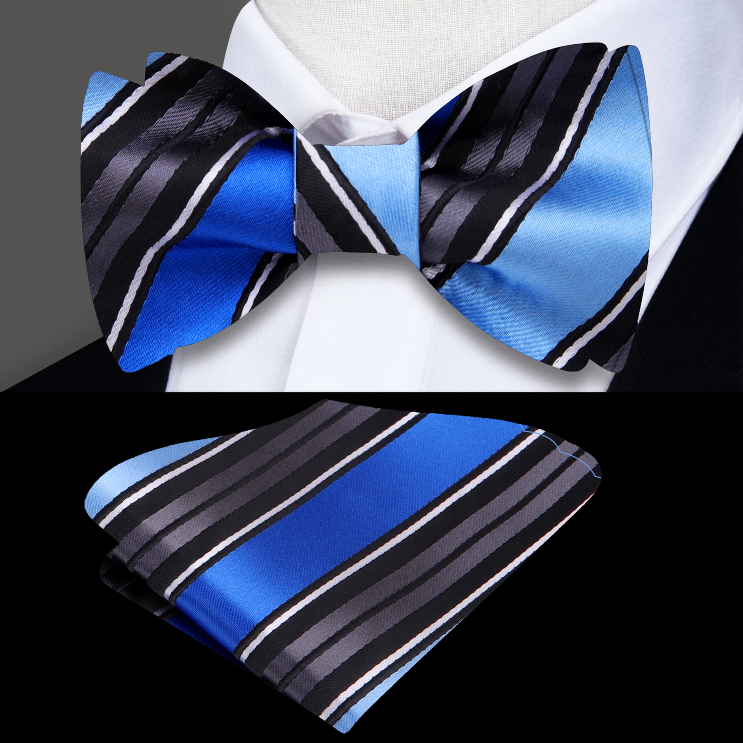 A Black, Blue Stripe Pattern Silk Self Tie Bow Tie, Matching Pocket Square