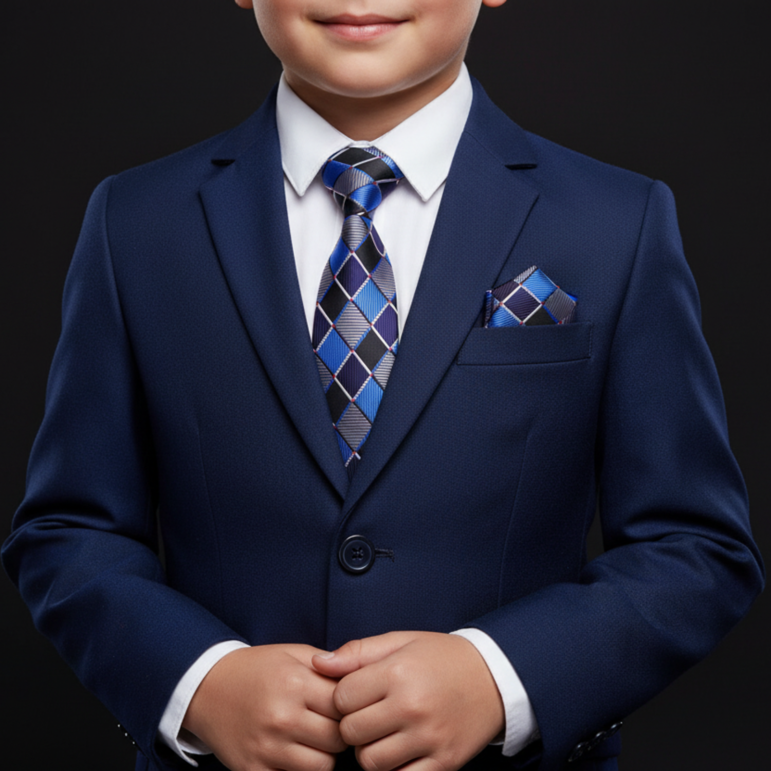 Child wearing a navy suit with a patterned tie and pocket square on a black background