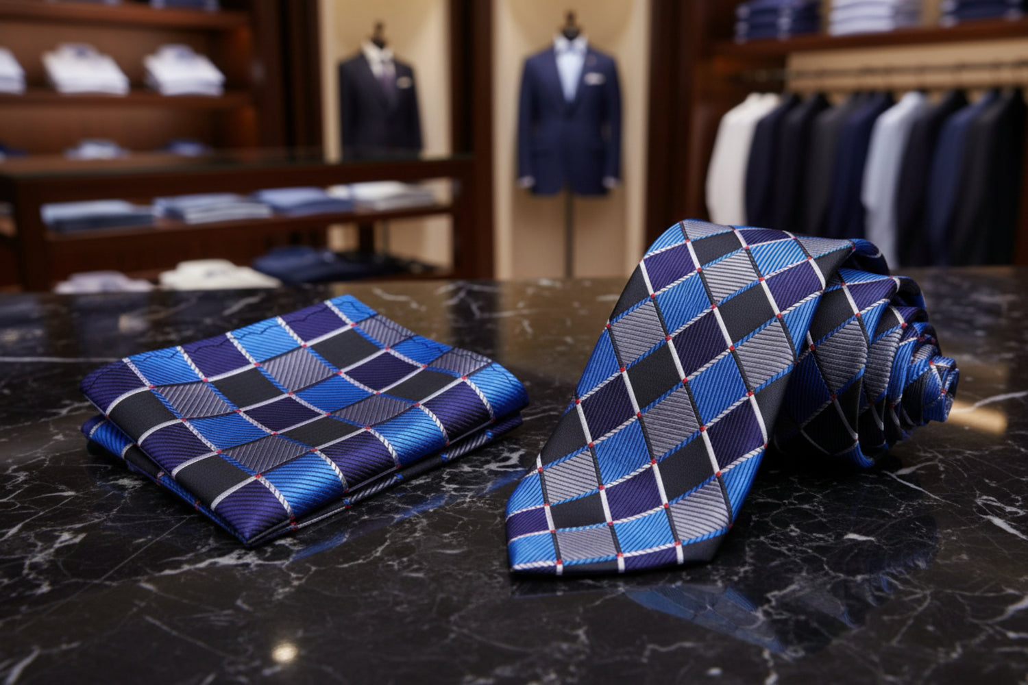 Blue and black checkered tie and pocket square set 