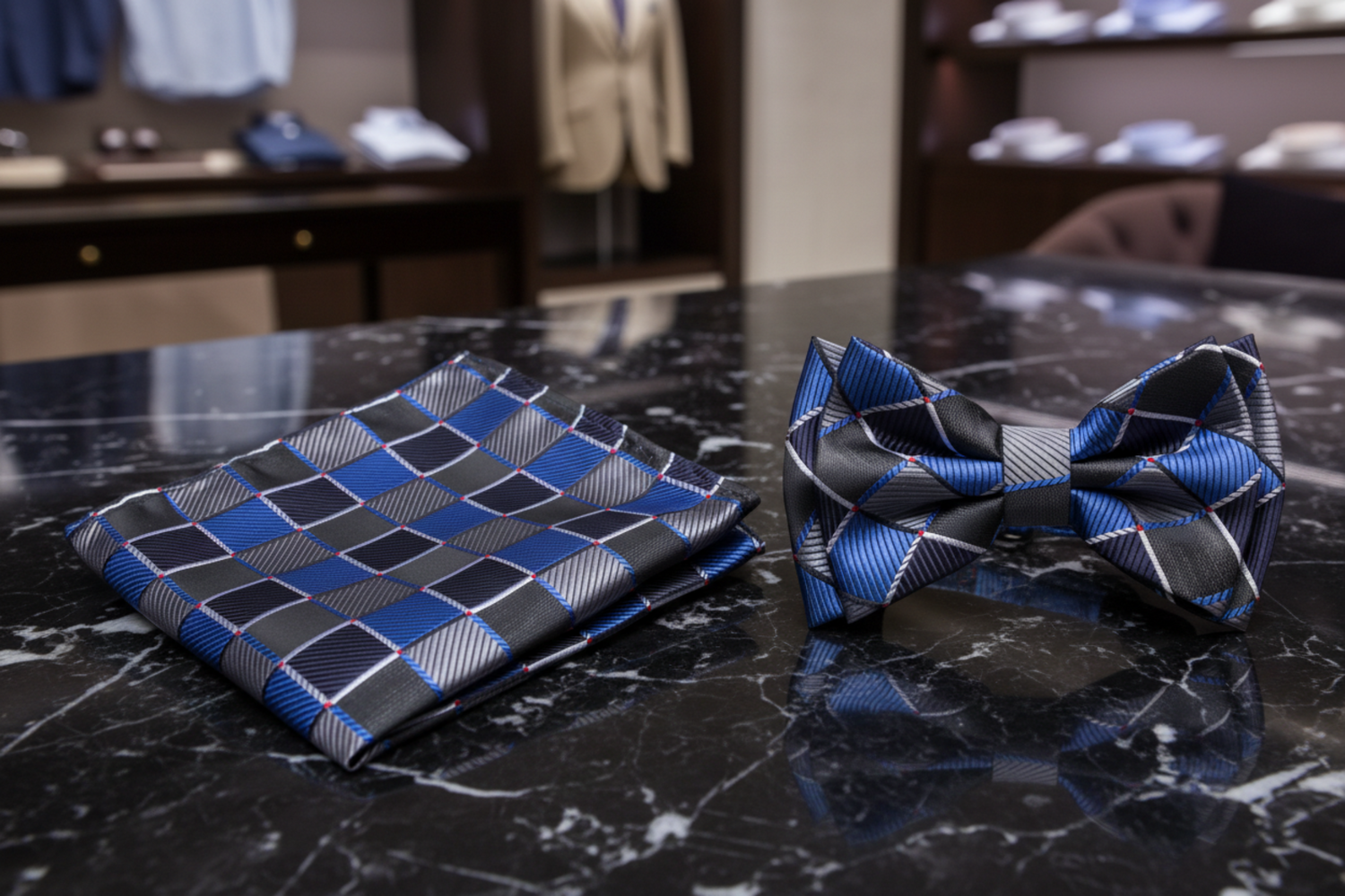 Blue and black checkered bow tie and pocket square set on a marble background