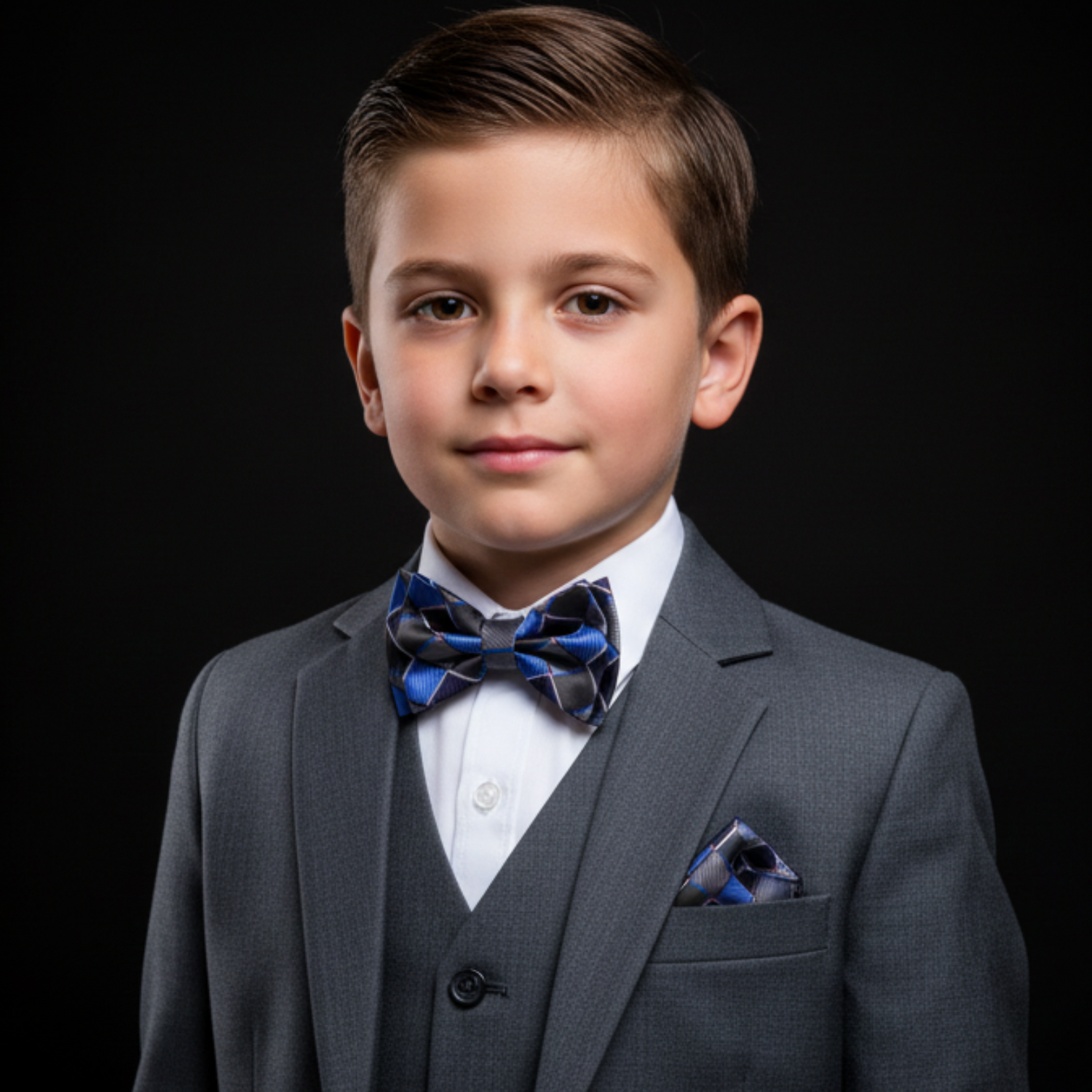 Young boy in a gray suit with a blue bow tie on a black background