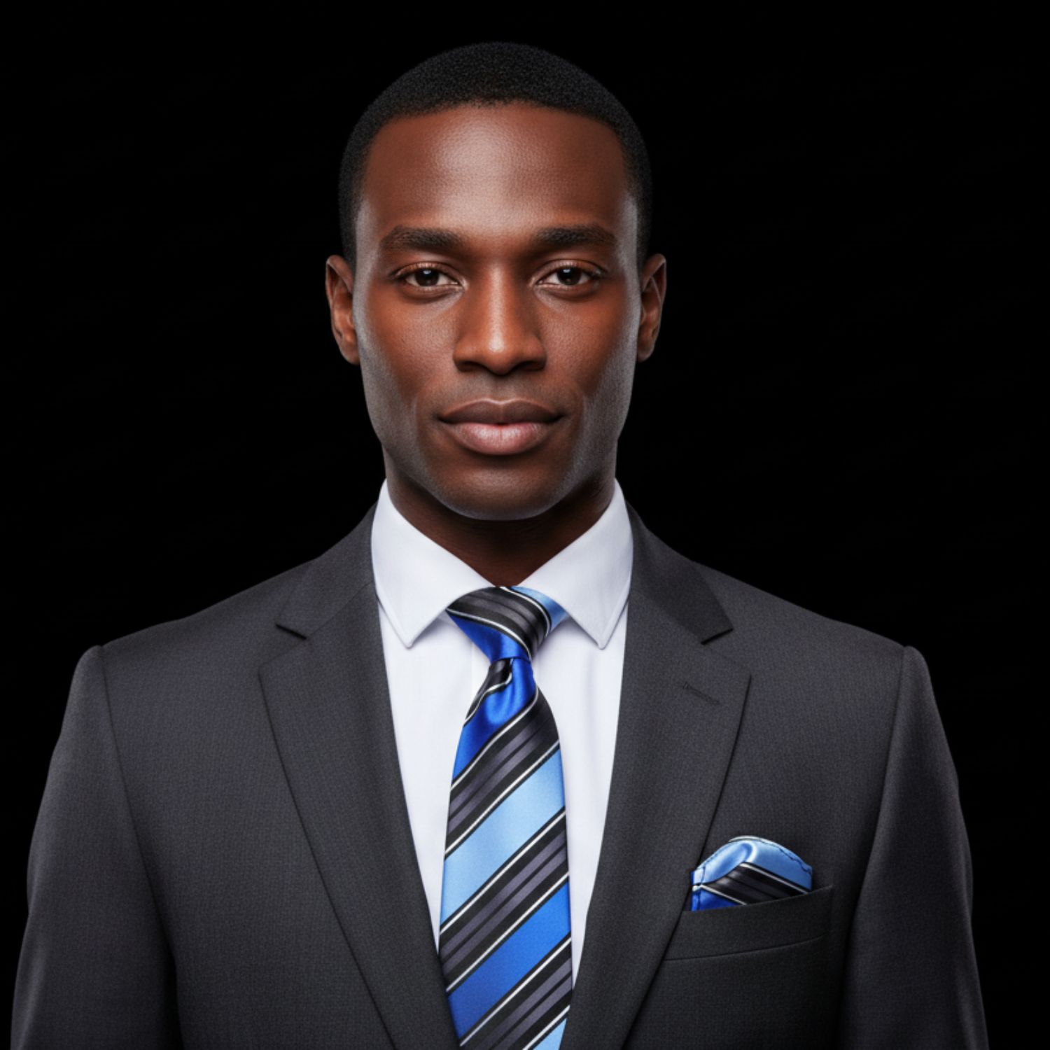 Man wearing blue, grey and black stripe tie and square on man