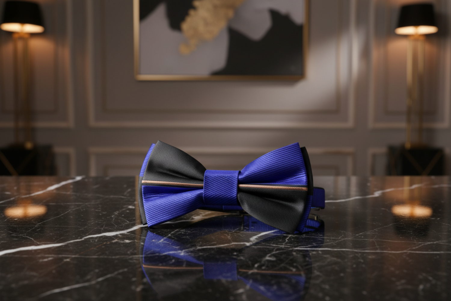 Blue, Black Lined Bow Tie Pre Tied