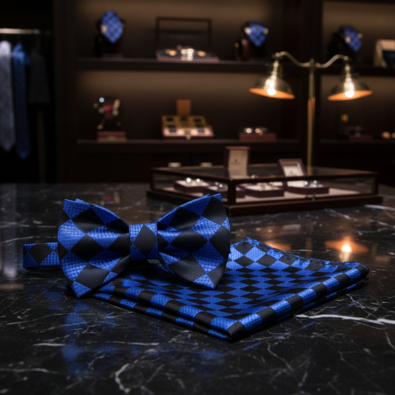 A men's formal accessory set featuring a pre-tied bow tie and a matching folded pocket square, both in a vibrant blue and black checkerboard pattern. 