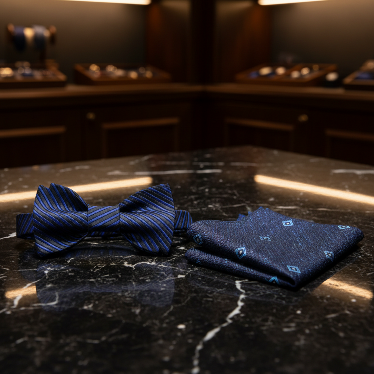 Blue striped bow tie and accenting pocket square on a mannequin with a white shirt.