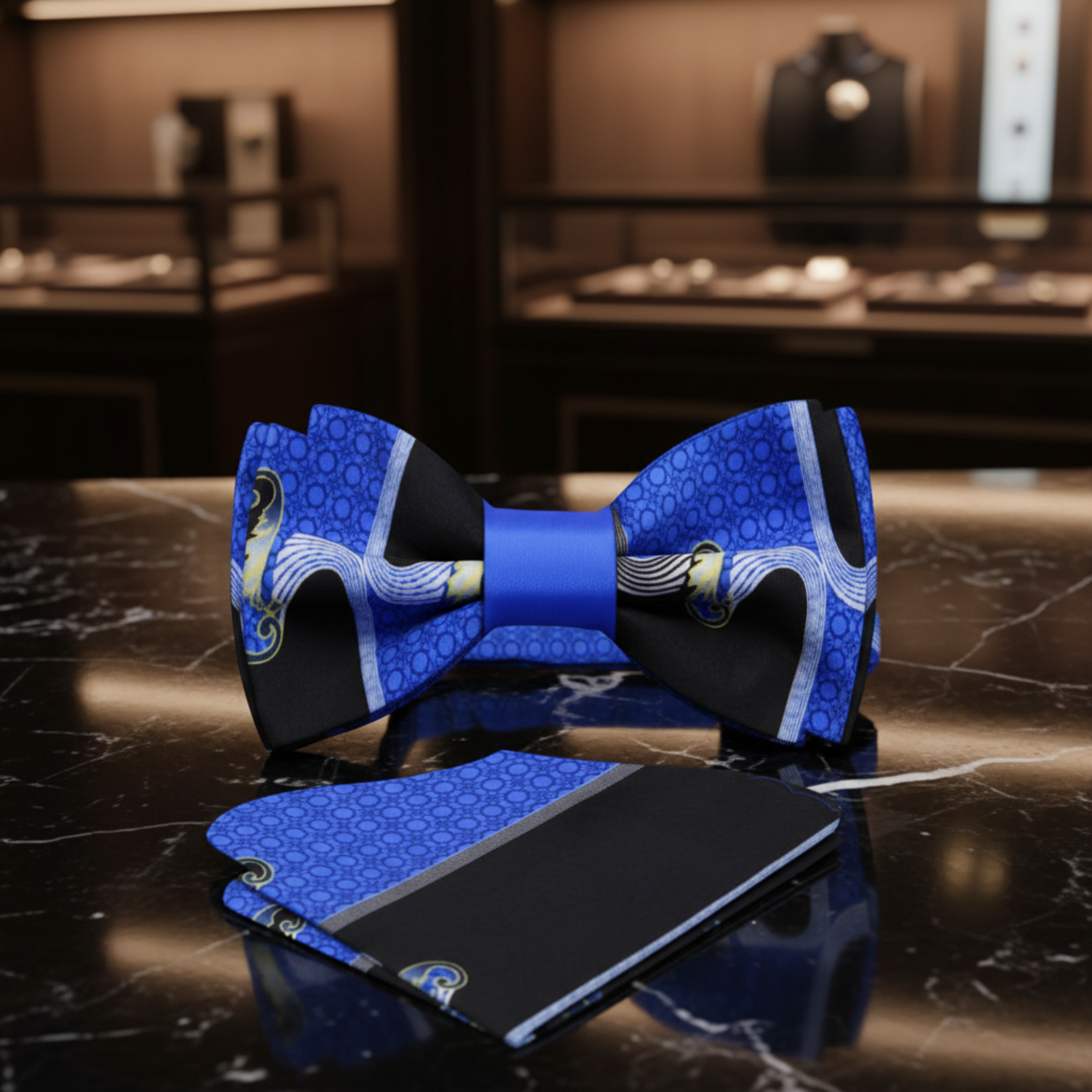 Blue Black Abstract Bow Tie and Pocket Square||Blue