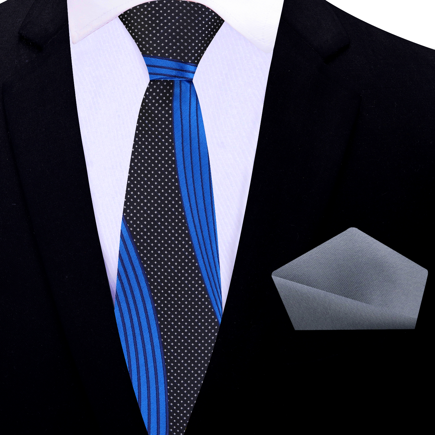 Thin Tie: Blue, Black United Tie and Grey Square