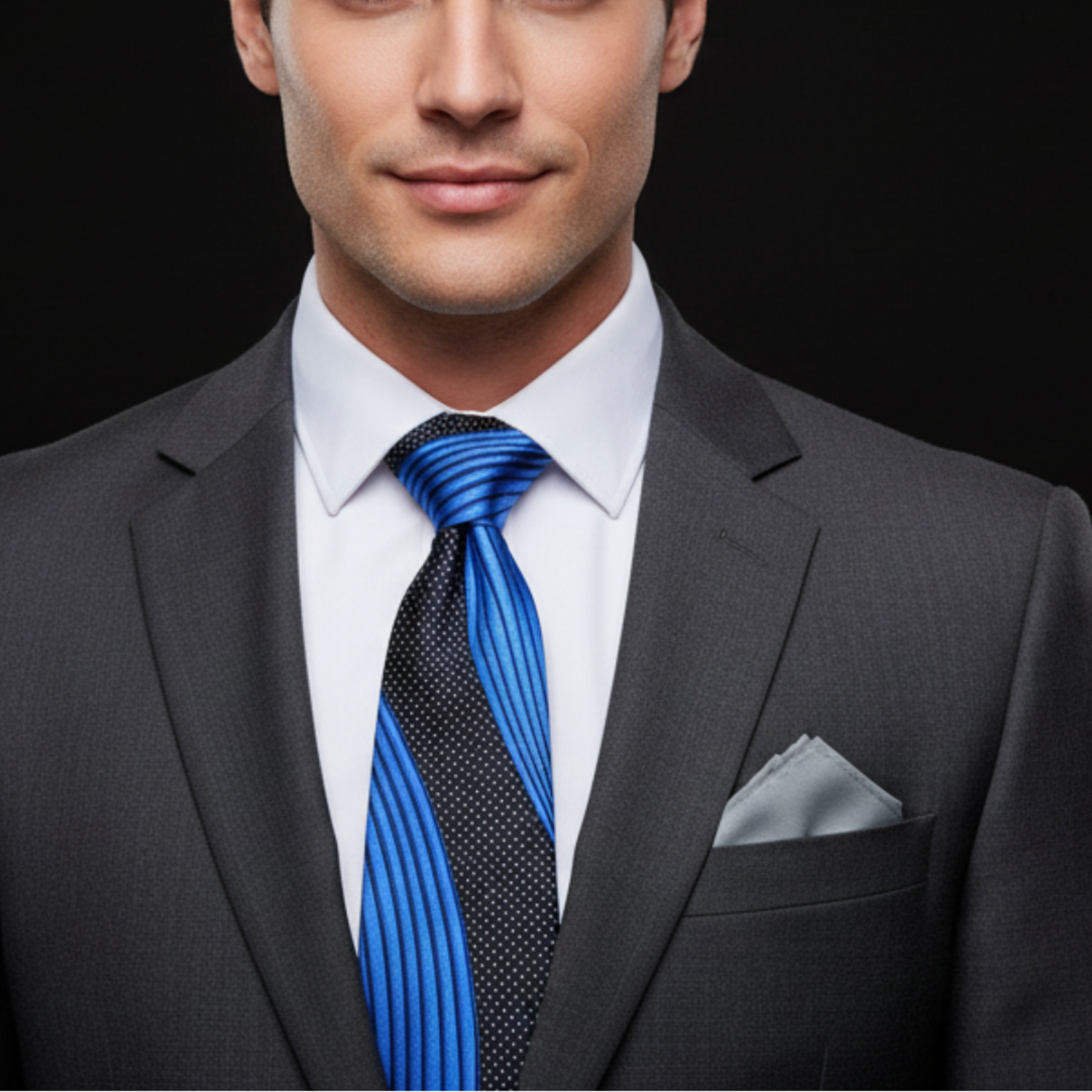 Man wearing a dark suit with a blue tie on a black background