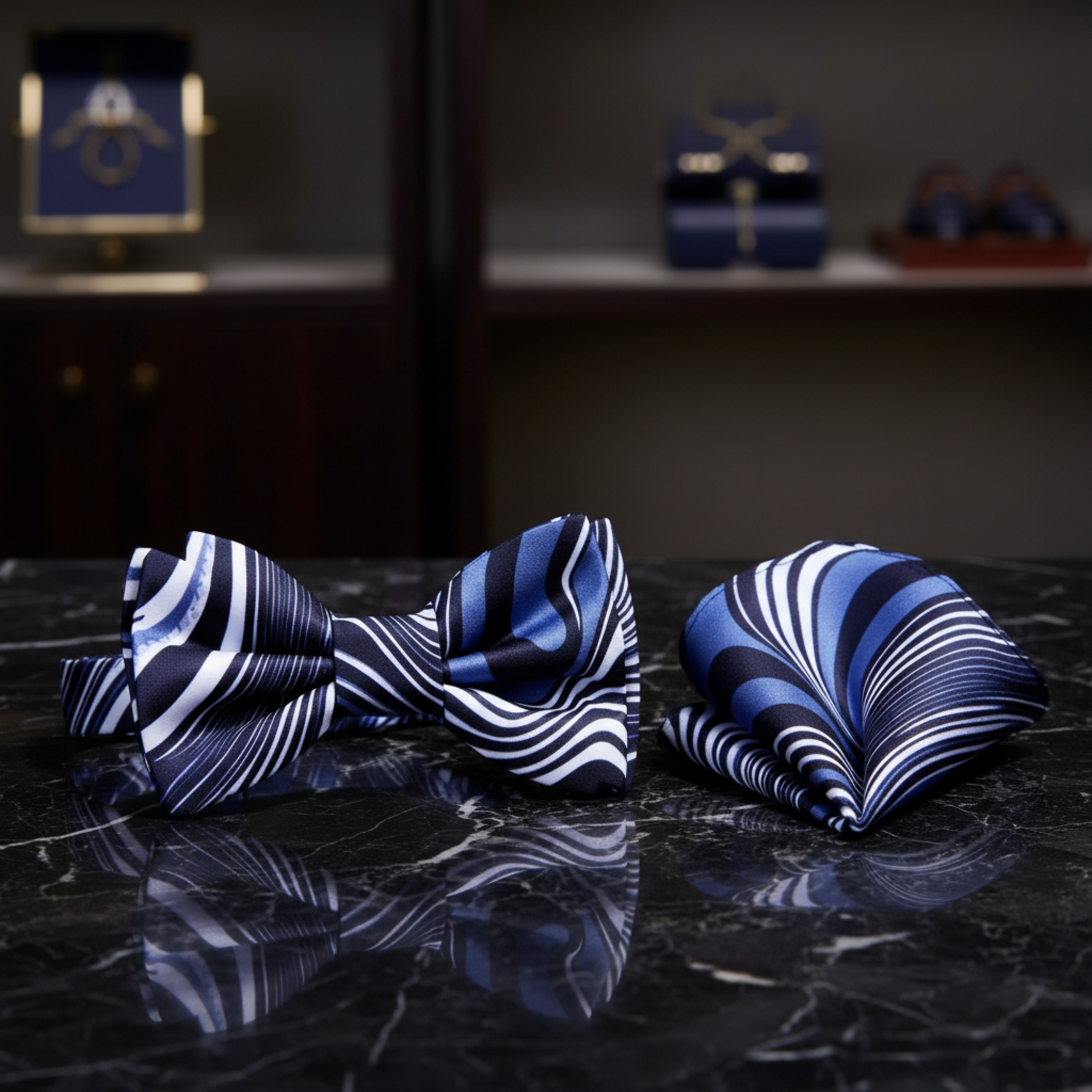 Main View: Grey, White, Muted Blue, Black Abstract Bow Tie and Pocket Square||Black, White, Grey