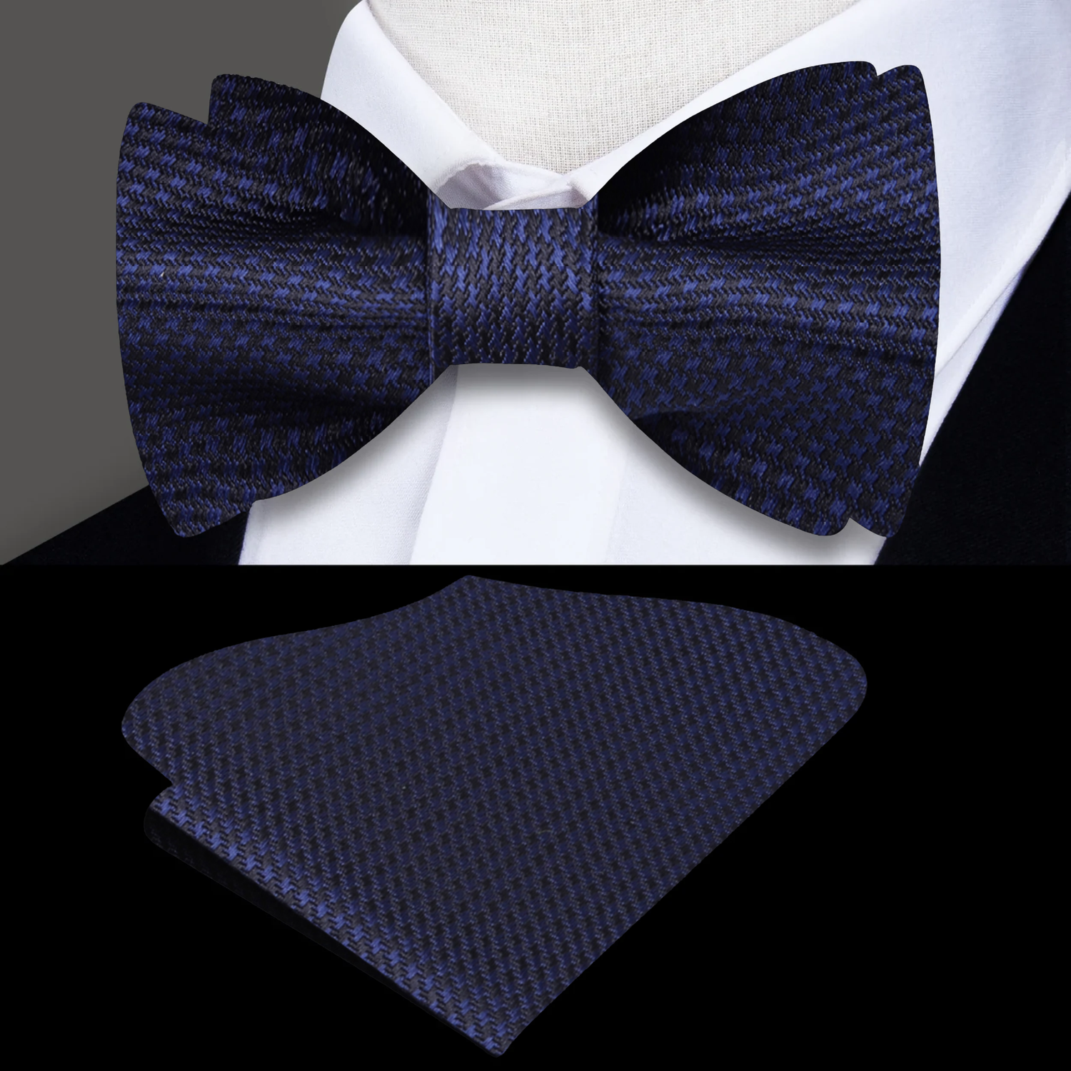 Blue, Black Geometric Bow Tie and Pocket Square