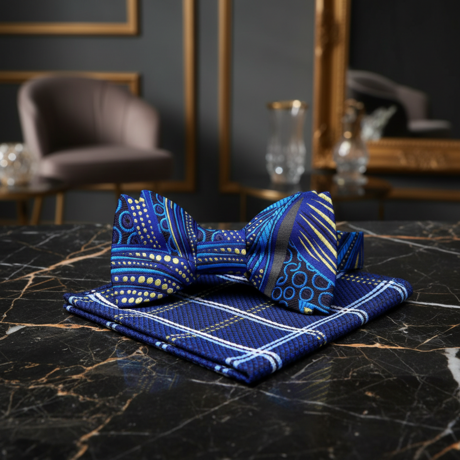 Blue, Black, Yellow Abstract Bow Tie and Accenting Blue, Black Plaid Square