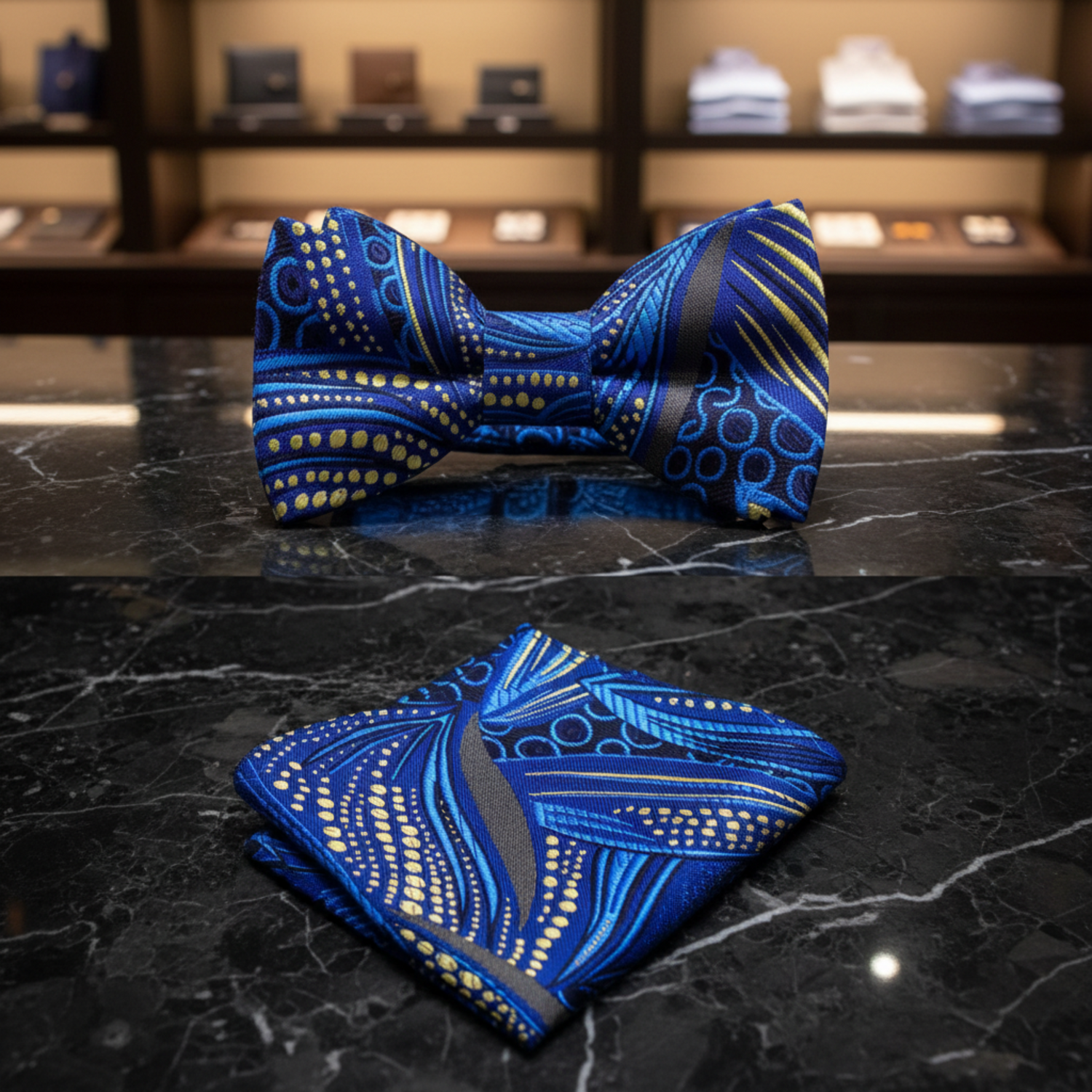 A blue, black, and yellow silk bow tie with a floral 'Tulips at Midnight' pattern laid out on a wooden surface.