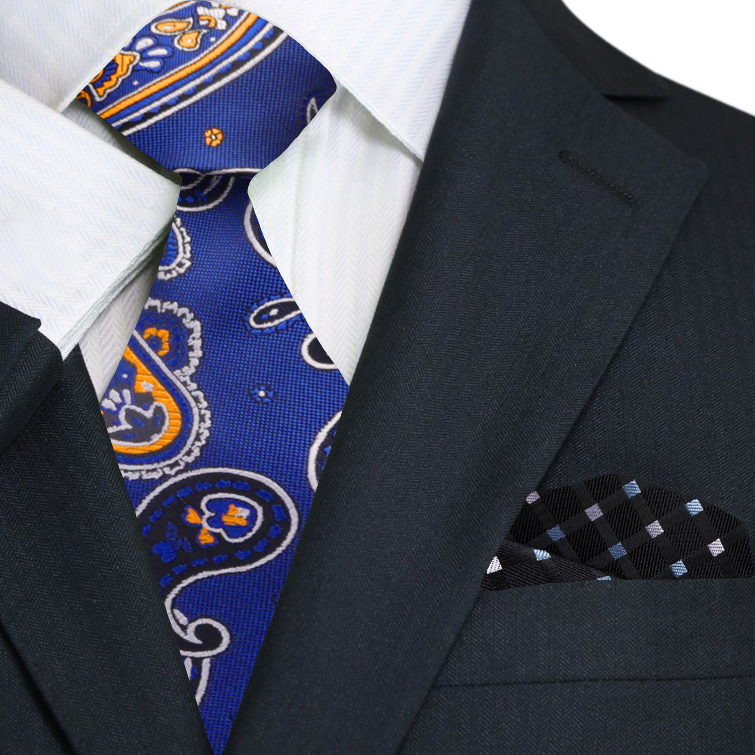 Blue Black Yellow Gold White Paisley Necktie And Accenting Square