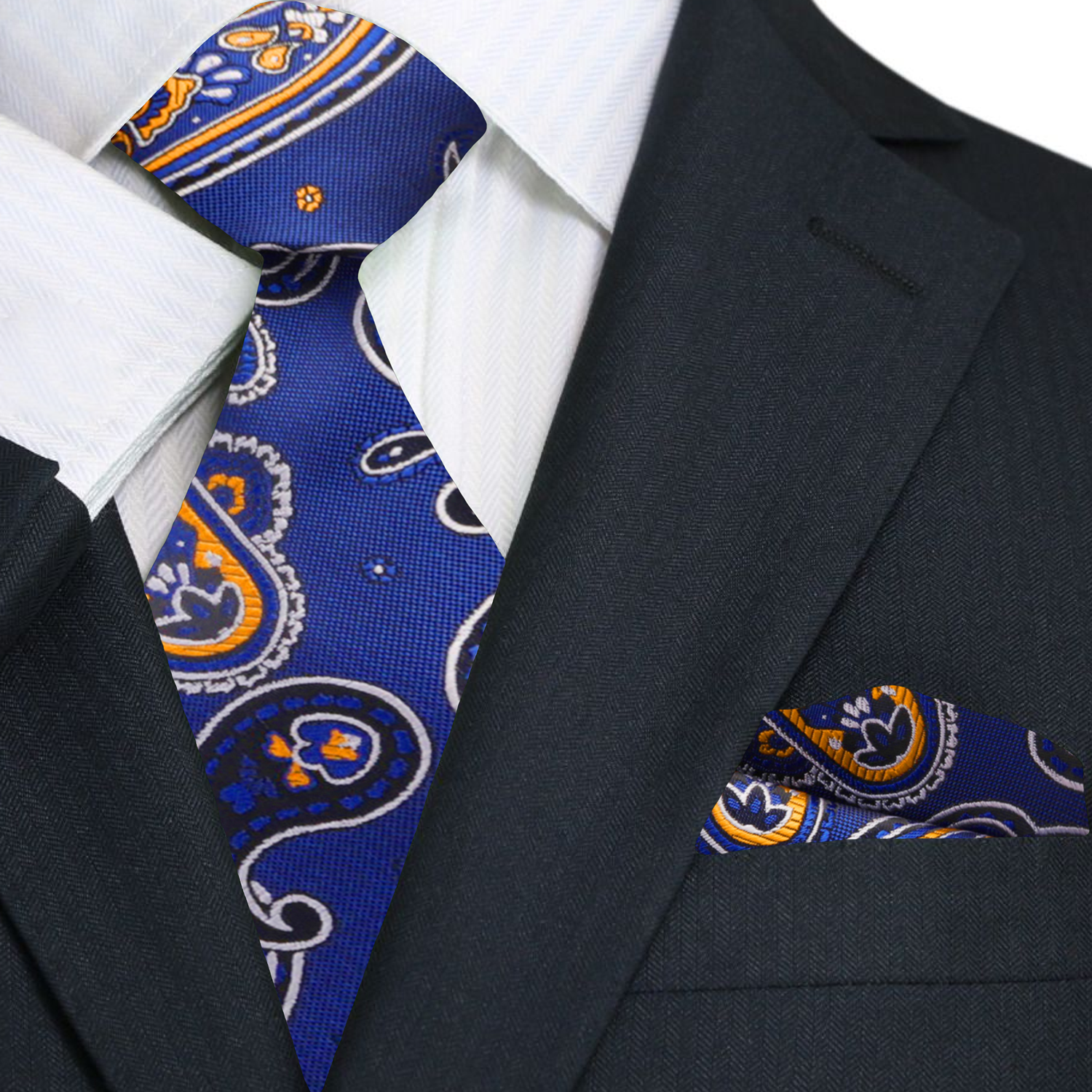 Blue Black Yellow Gold White Paisley Necktie And Matching Square