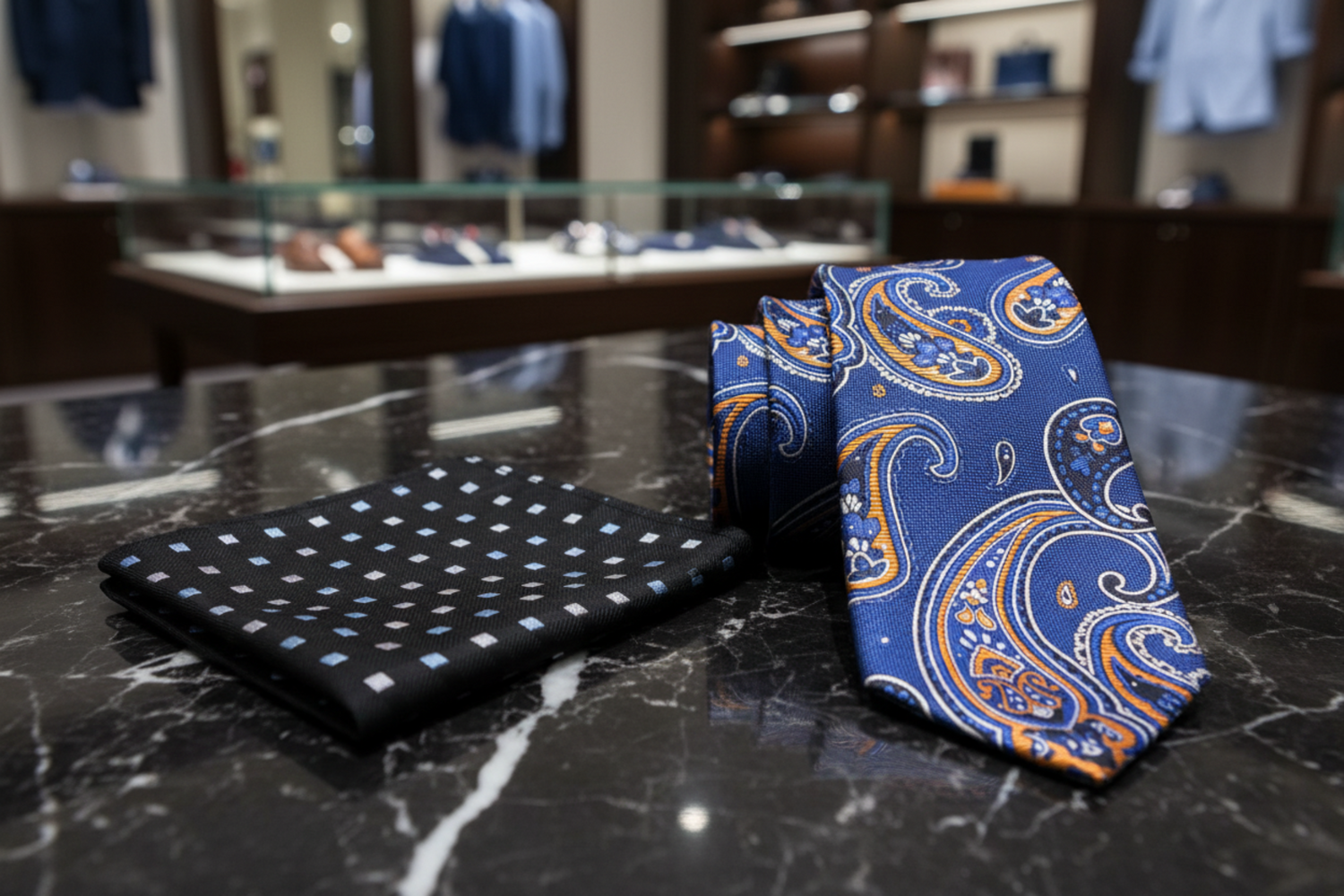 Alt Blue Black Yellow Gold White Paisley Necktie And Accenting Square